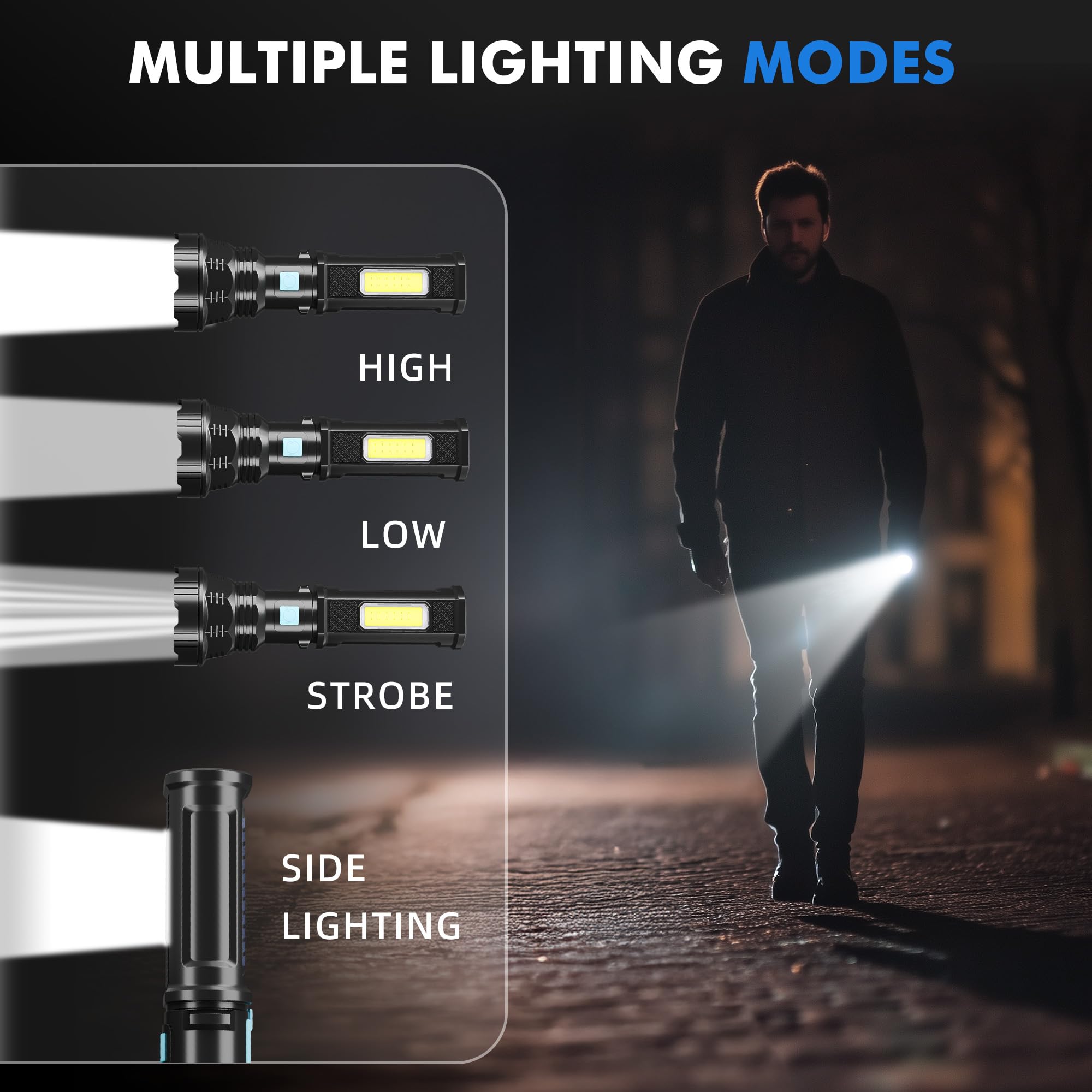 Rumiom Solar/Rechargeable Led Flashlights, Multi Function Flashlight With 2000 Mah Battery, Emergency Strobe Light, Waterproof, Fast Usb Charging, Survival Gear And Supplies For Camping, 2 Pack