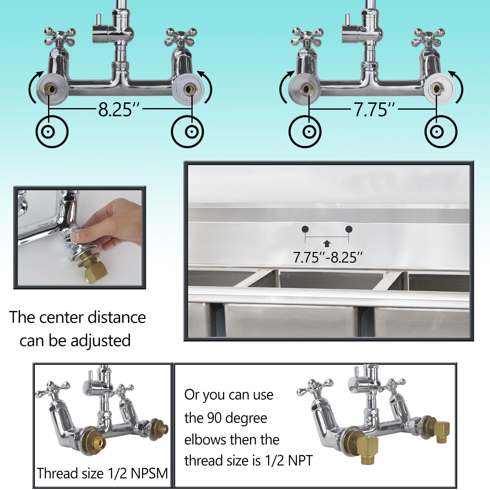 Yoogyy Wall Mount Kitchen Commercial Faucet 8 Inch Center With 8 Inch Spout 2-Handle For Home Restaurant Backsplash Mount On 2 Or 3 Bay Prep & Utility Compartment Sink