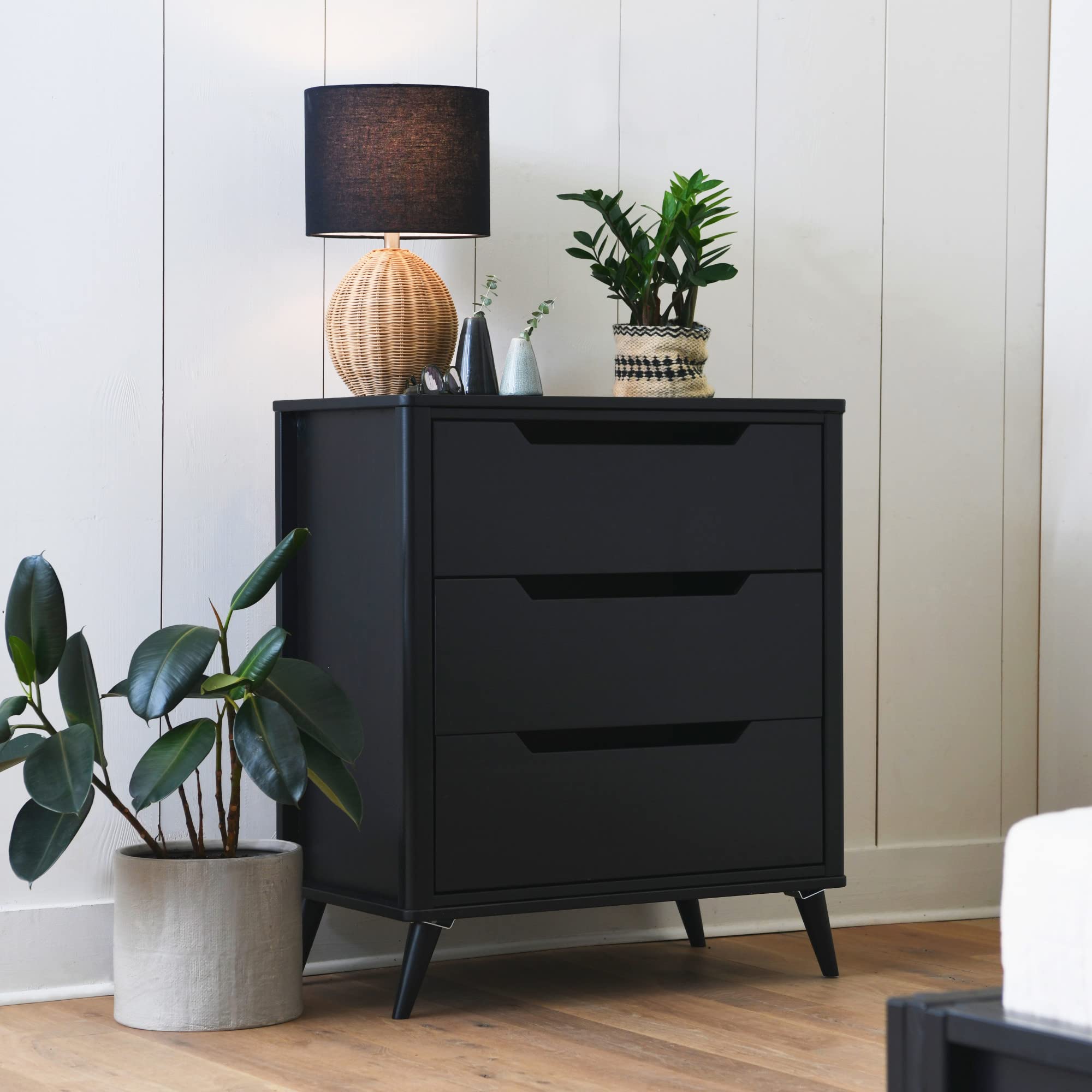 Main + Mesa Boho Woven Rattan Table Lamp With Black Linen Shade, Natural