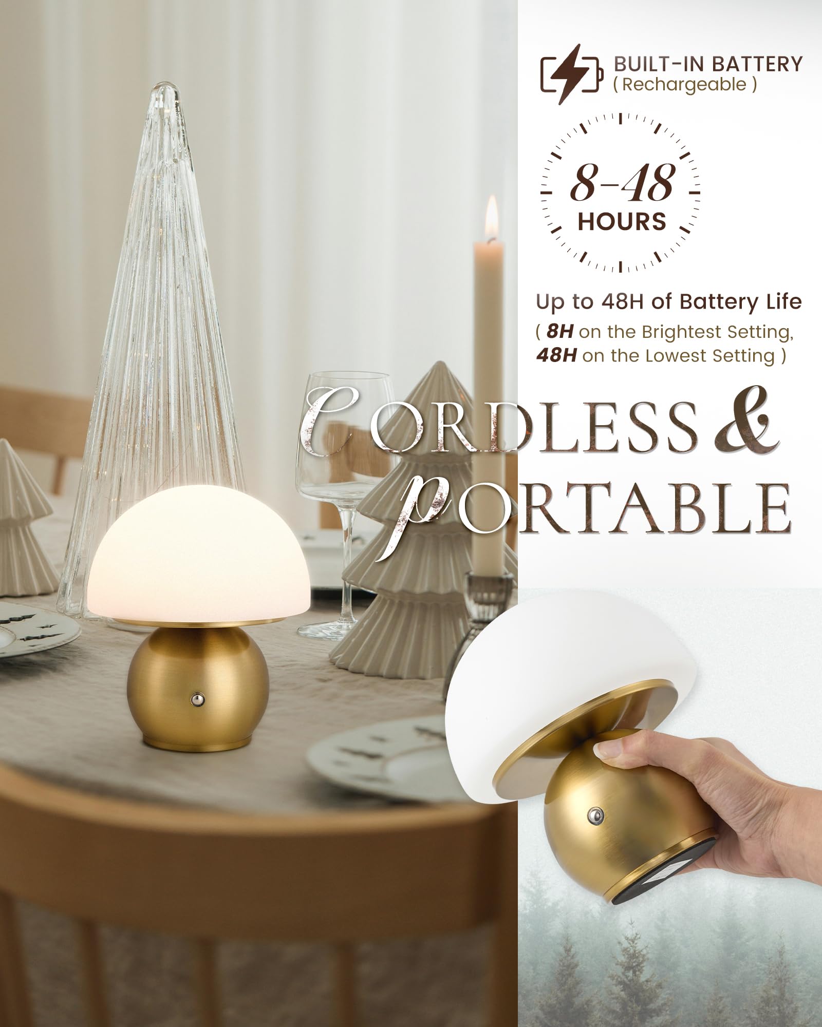 Hanass Mushroom Lamp Small Lamps, Cute Mini Cordless Lamps, Rechargeable Table Bedside Nightstand Lamp Dimmable For Bedroom With Gold Base, Mt2319-B