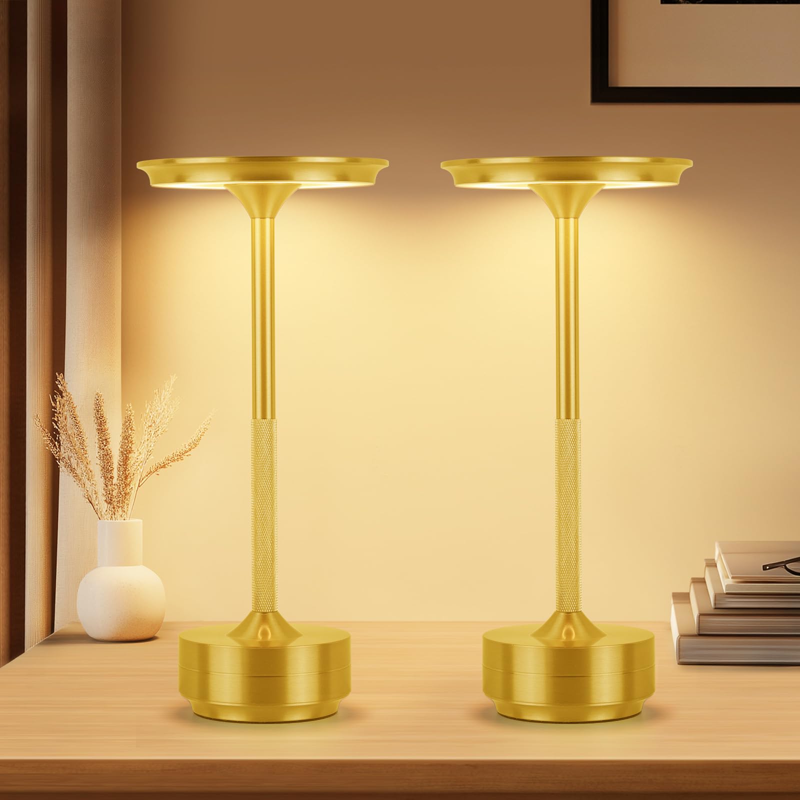 Czgor Cordless Table Lamp Rechargeable Set Of 2, 5200Mah Battery Operated Table Lamps With 3-Color Touch Stepless Dimmable, Portable Outdoor Lamps For Patio Dining Living Room Bar Restaurant(Gold)