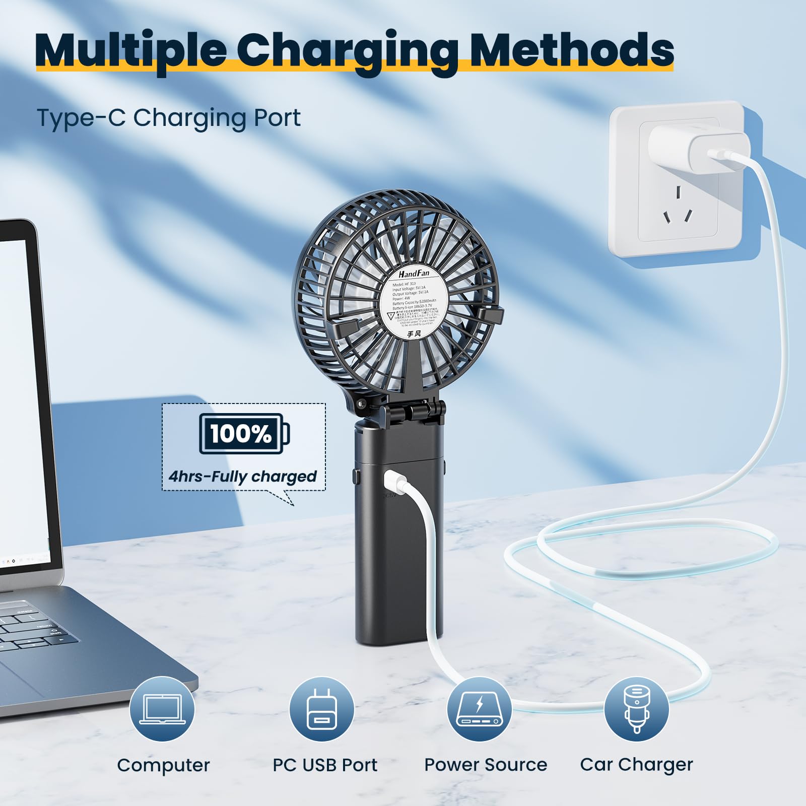 Handfan 5200Mah Portable Handheld Fan, Personal Hand Held Makeup, Foldable Small Desk, Rechargeable