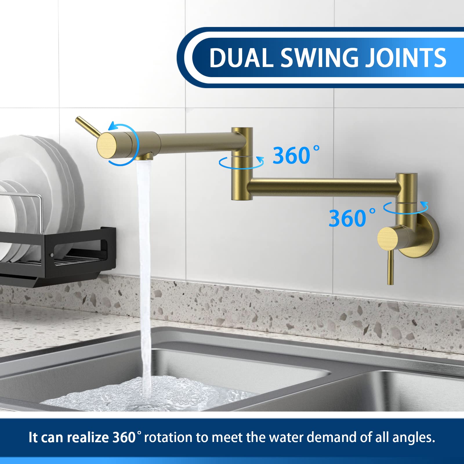 Gowin Gold Pot Filler Wall Mount Faucet, Brushed Gold, 1.8Gpm Aerator, 19" Reach, 3-Year Limited