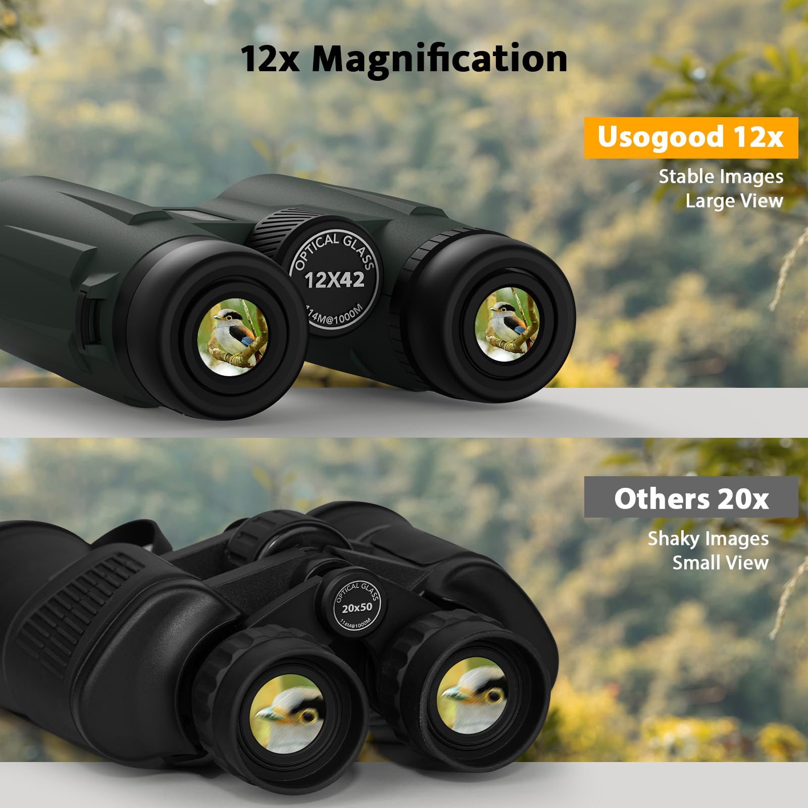 Usogood Professional 12X42 Hd Binoculars - High Powered Large View With Clear Low Light Vision - Adults Binoculars For Bird Watching, Hunting, Hiking, Travel, Cruise, Green, At66V3