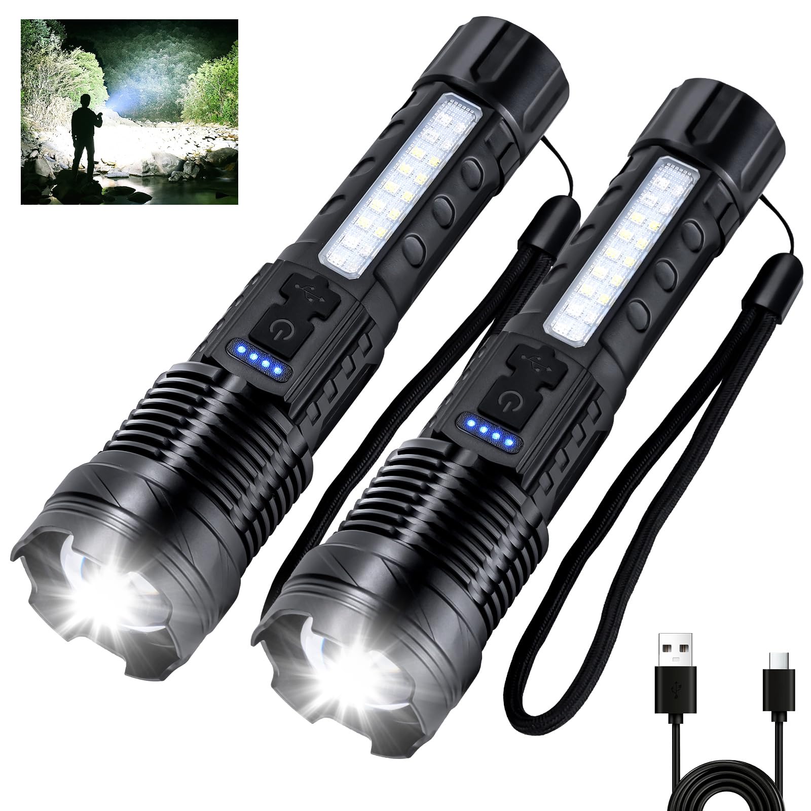 Peascat Flashlight High Lumens Rechargeable 2 Packs, 1,000,000 Lumens Super Bright Led Battery Powerful Handheld Flashlights With 7 Modes, Cob Side Light, Usb C, Zoomable, Waterproof For Emergencies