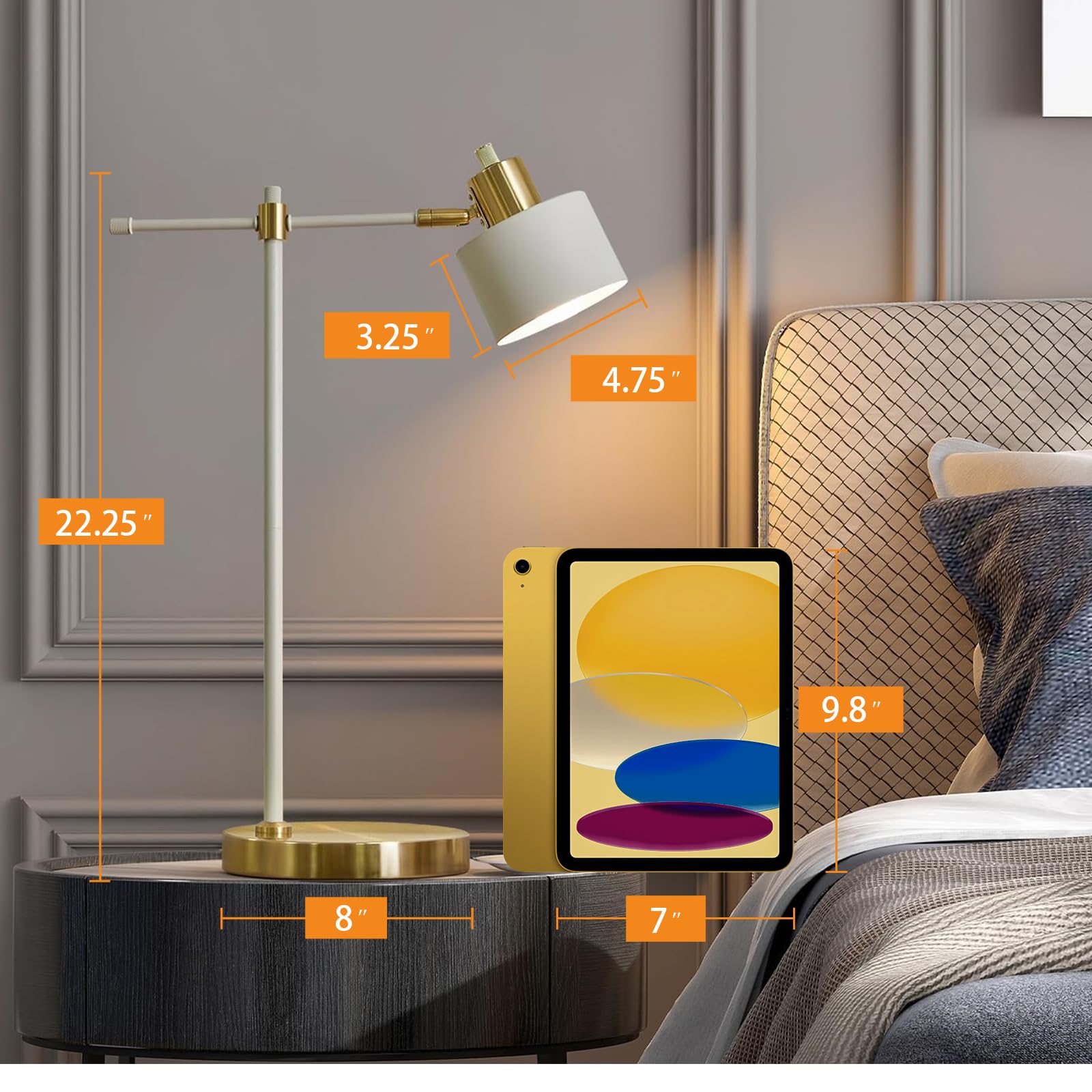 Oyears Modern Industrial Desk Lamp For Reading Led 22.2“ Metal Table Lamp Light For Office Bedroom Study Room Living Room Nightstand Bedside Lamps Gold And Matte Cream Accent (Cream, Bulb Included)