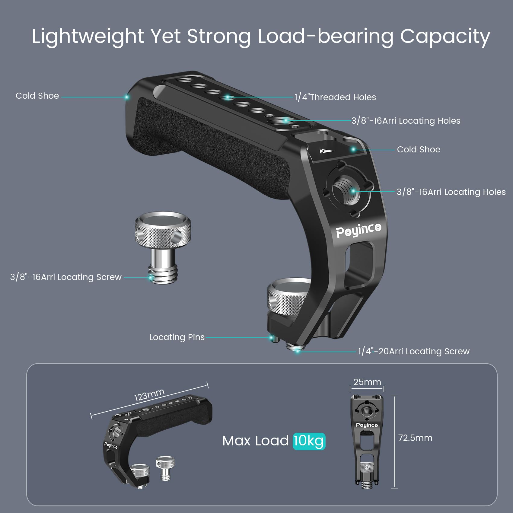 Poyinco Top Handle With 1/4" Threaded Stud 3/8" Threaded Stud With Arri Dowel Pin, Silicone Handle With 1/4" 3/8" Thread And 2 Cold Shoes Jn-107B