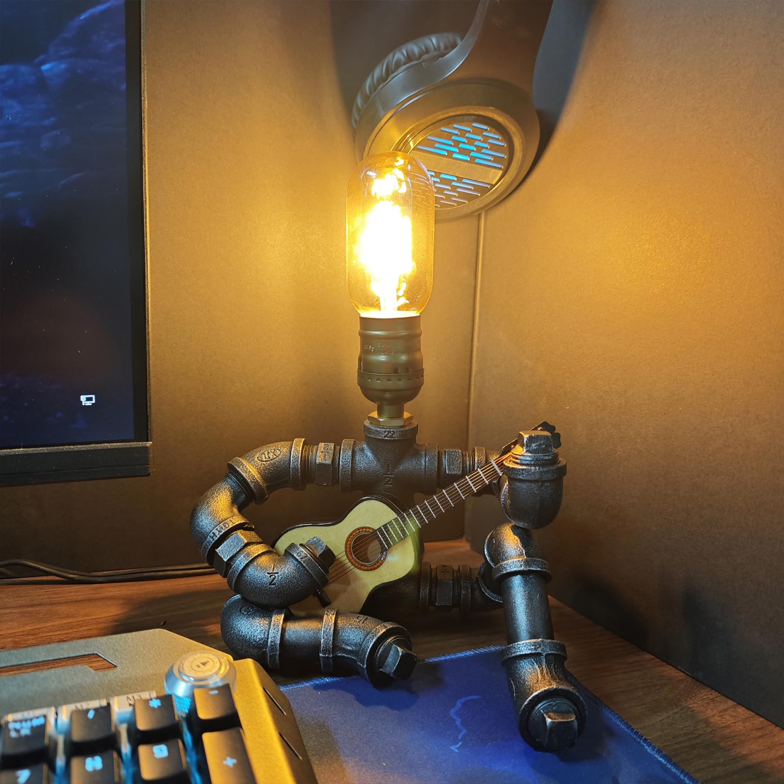 Jeosrv Music Guitar Table Lamp Art Decor Guitar Stuff Cool For Music Art Lovers Microphone Players For Men Steampunk Pipe Man Edison Bulb Lamps Retro Guitars Metal Pipe Industrial Robot Lights