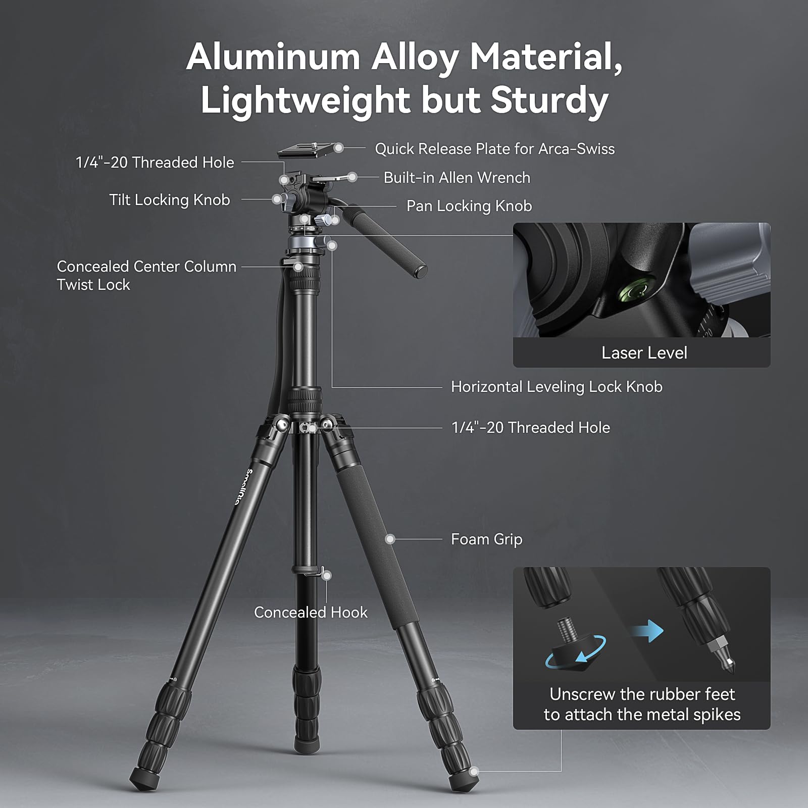 Smallrig Ct190 Professional Video Tripod, 72" Camera Tripod With Leveling Base, Monopod Conversion, Video Tripod For Travel, Video And Vlogging, With Carry Bag, Load Up To 8.8 Lbs/4 Kg - 4319