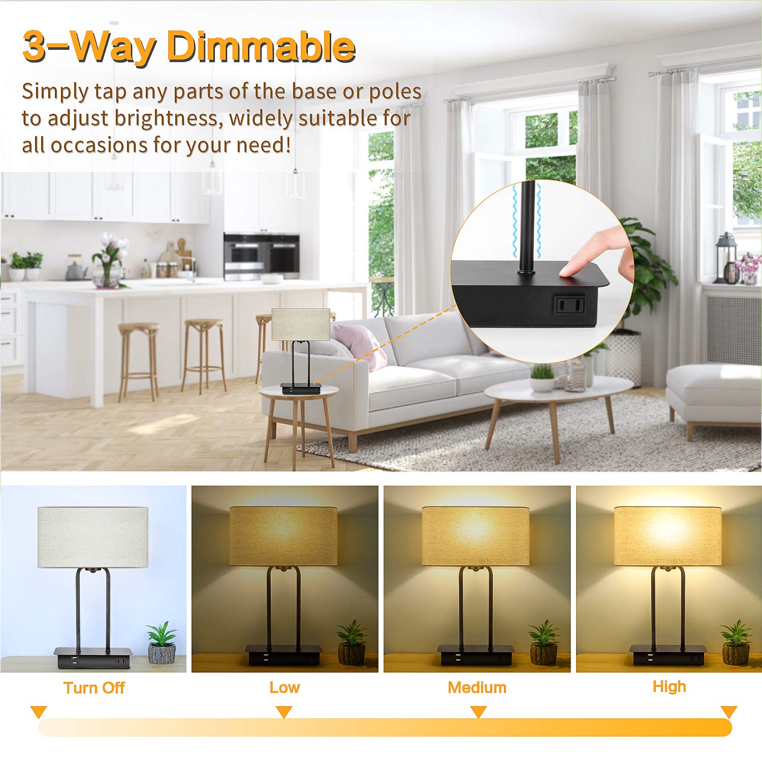 Beslowe 3-Way Dimmable Touch Control Table Lamp With 2 Usb Ports And Ac Power Outlet Modern Bedside Nightstand Lamp Fabric Shade And Metal Base For Guestroom Bedroom Living Room Led Bulb Included Warm White