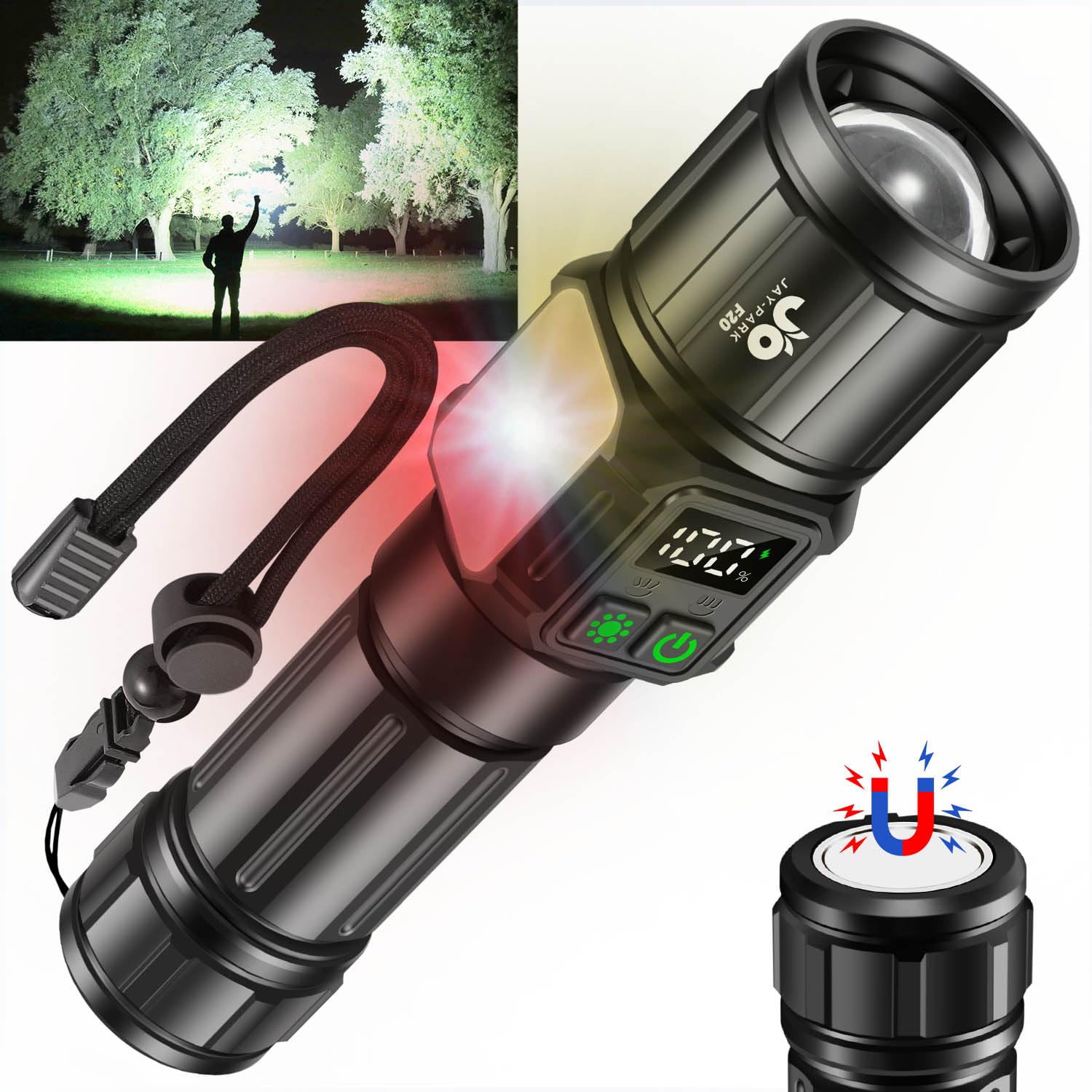 Jay-Park Flashlights High Lumens, Rechargeable Flashlight 1000,000 Lumens With Magnetic, Bright Flash Light 9 Modes With 5000 Mah Battery, Tactical Flashlight For Camping, Hiking, Dog Walking