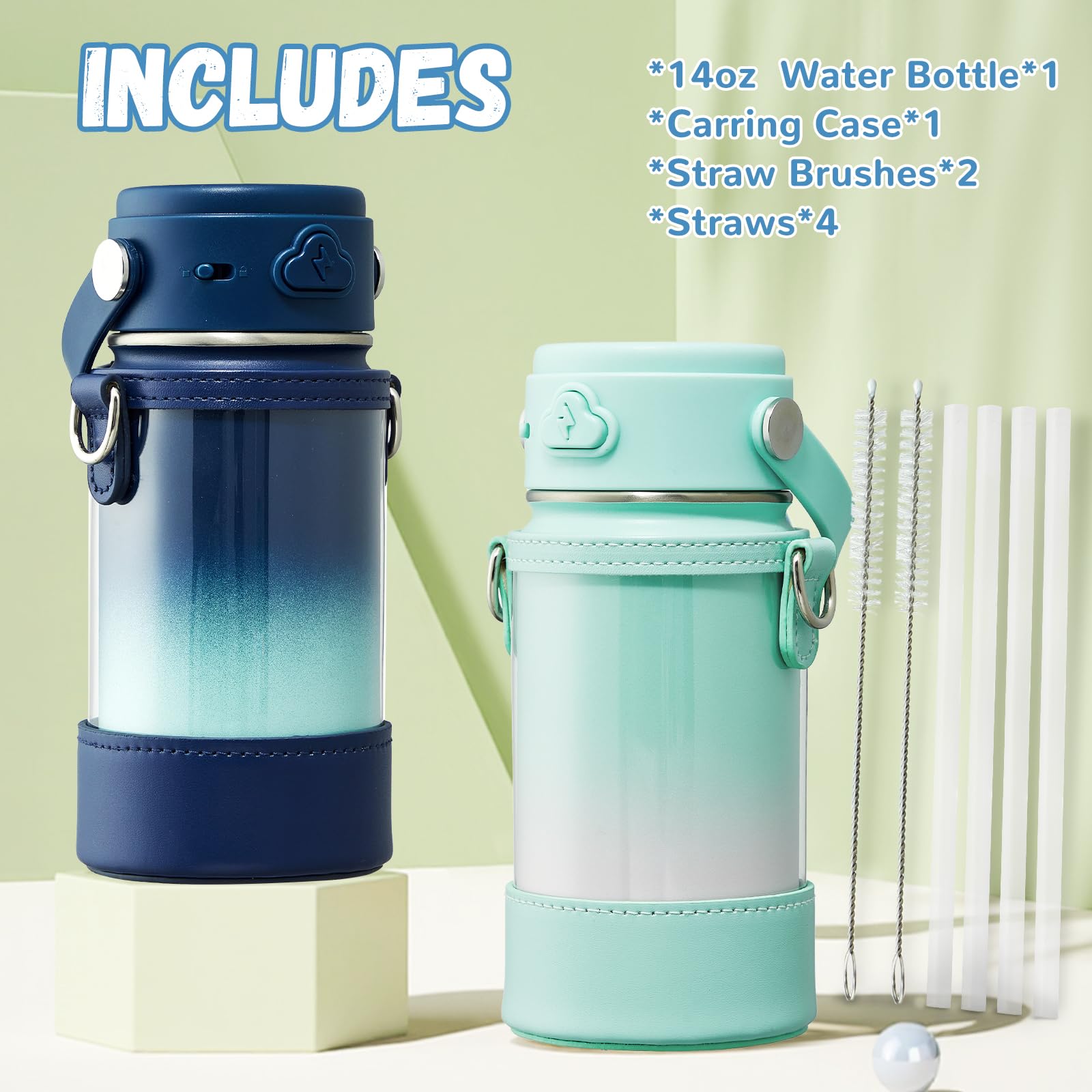 Coktik Kids Water Bottle With Straw, 14Oz Insulated Stainless Steel Tumbler, Leak-Proof Locking Lid