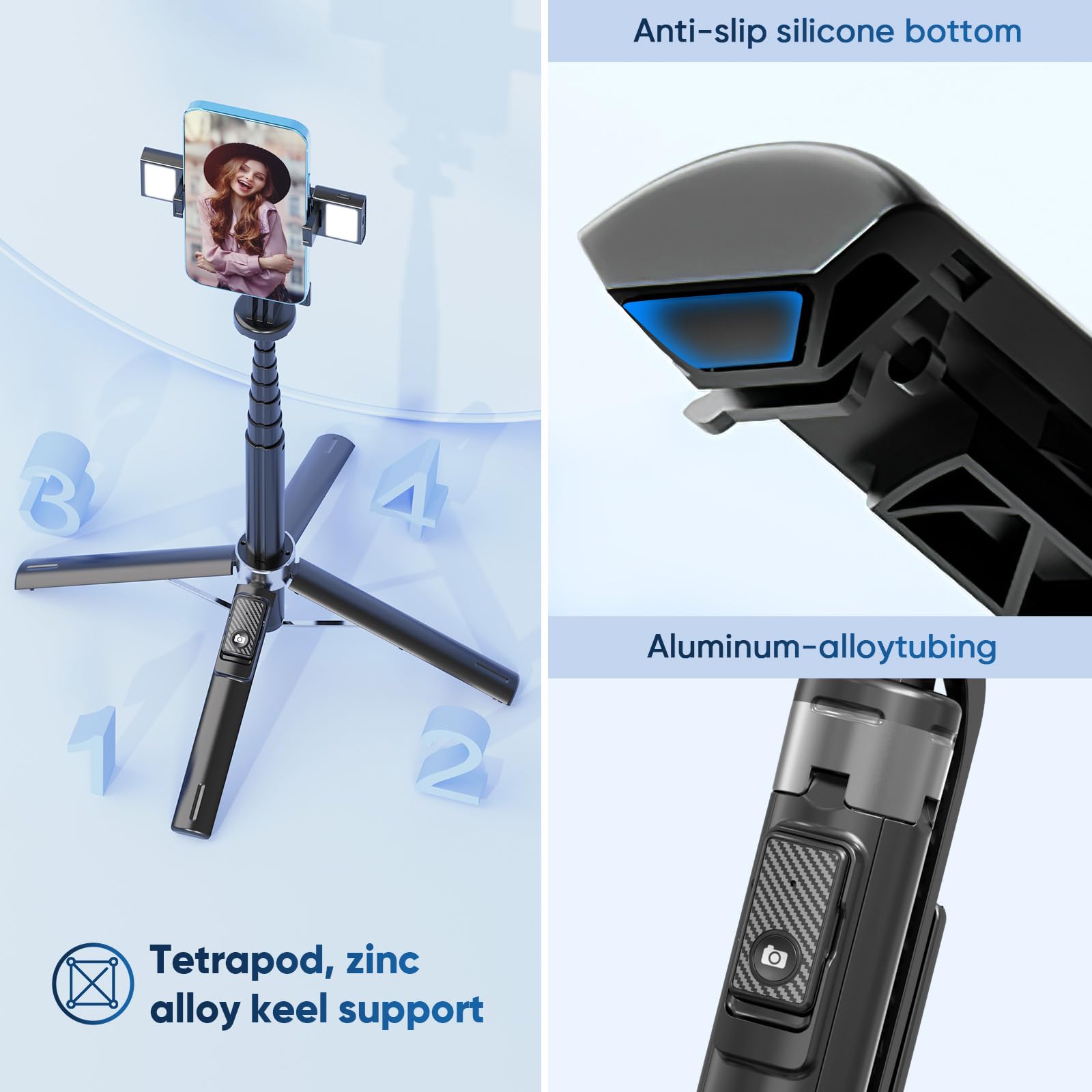 Unillqss Selfie Light For Iphone,53 Inch Tripod For Iphone With Light, 360 Degree Adjustable Selfie Stick Tripod For Cell Phone Gopro With Remote Aluminium Black