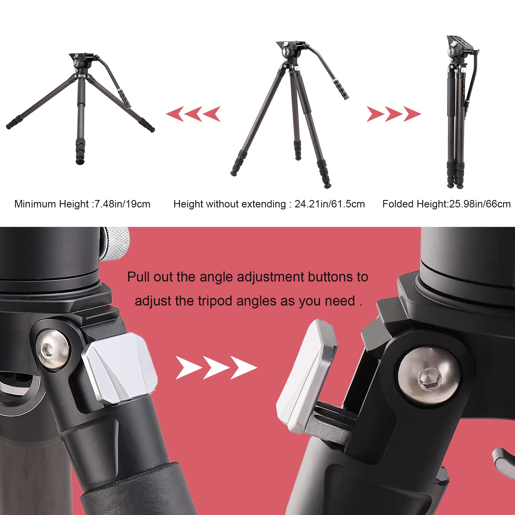 Dmiditir Carbon Fiber Metal Video Tripod With Metal Fluid Head - Heavy Duty, Loads Up To 33 Pounds, Suitable For Travel And Work (Black)