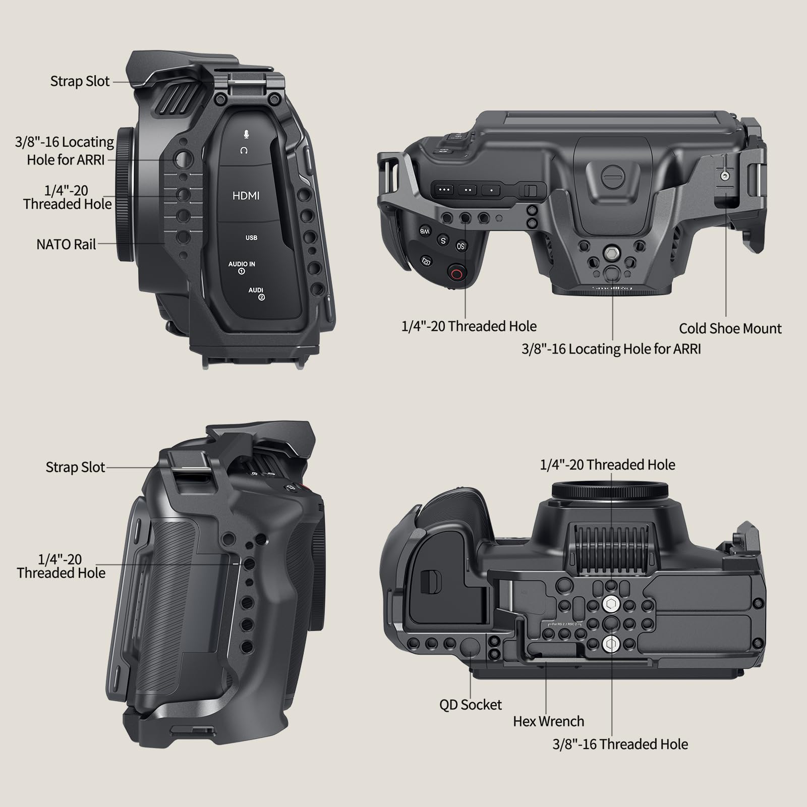 Smallrig Cage For Blackmagic Design Cinema 6K+Stepless Rotating Side Handle With Trigger Rec & 2 Control Cables
