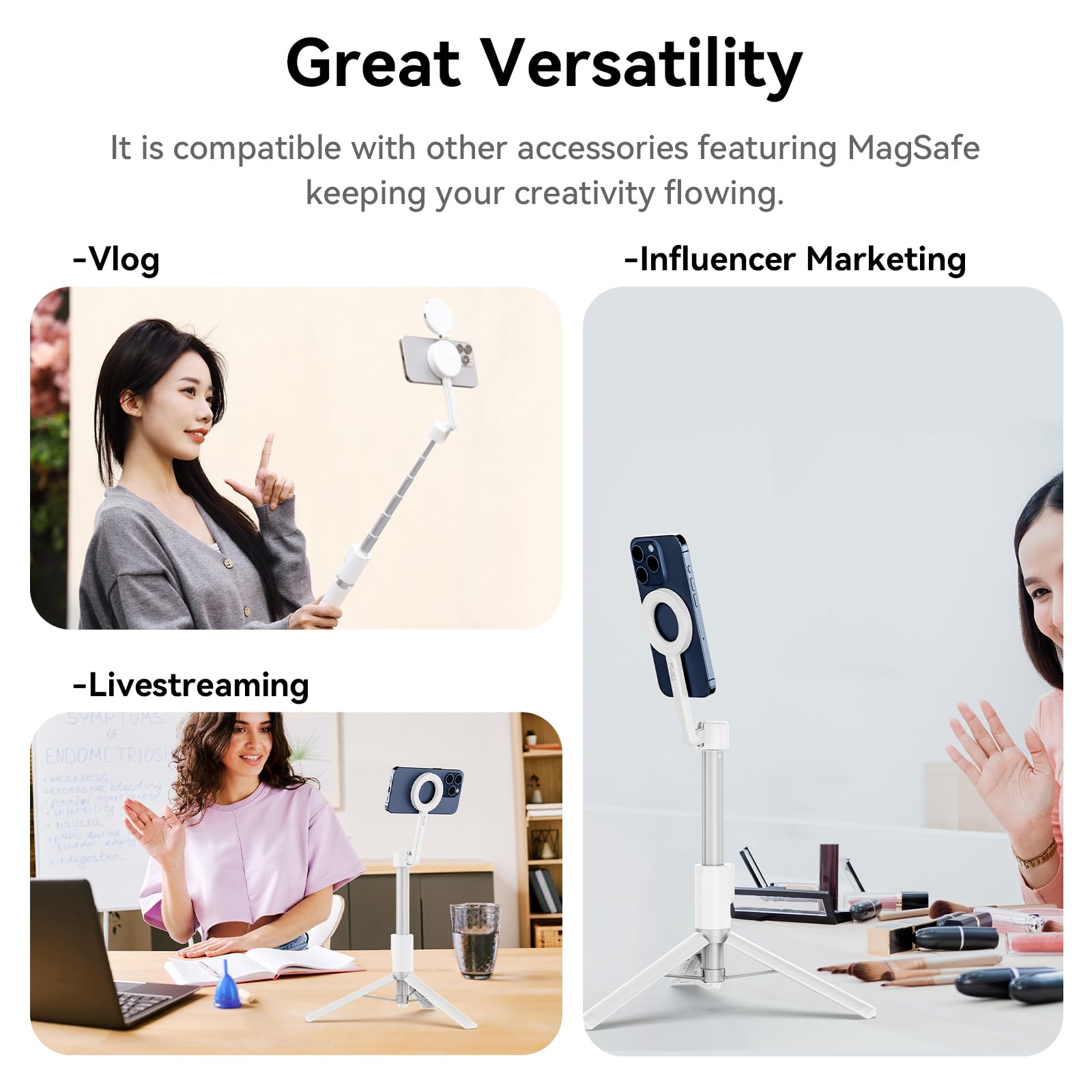 Ulanzi 54'' Magnetic Selfie Stick Tripod Pro, All-In-One Phone Tripod W Magnetic Phone Holder & Detachable Wireless Remote, C/W Magsafe, For Iphone 16 15 14 13 12 Series & Android Phones (White)