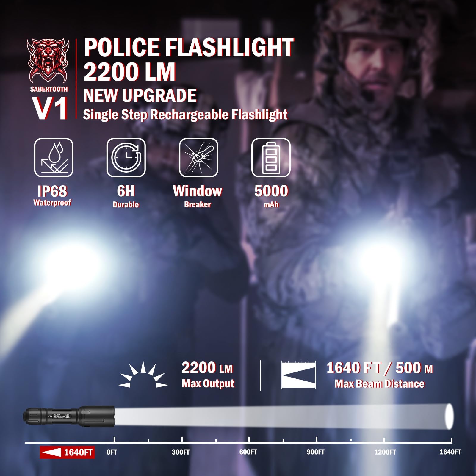 Sabertooth Police Tactical Flashlight-2200 High Lumen Duty Belt Flashlight For Law Enforcement Defense Single Mode Flashlight With Holster Tactical Gear Safety Accessories(Black)
