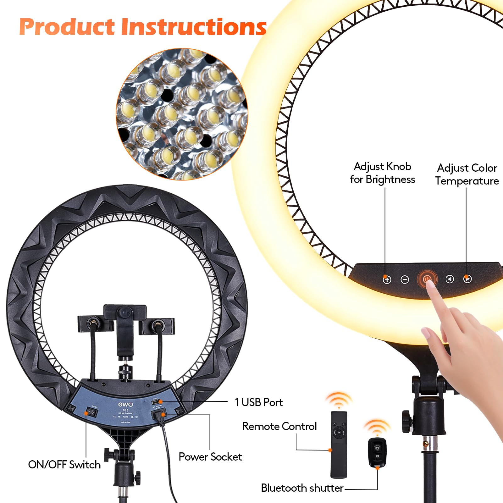 Gwo 18 Inch Led Ring Light With Tripod Stand 6000K Dimmable Makeup Selfie Light With Touch Panel Phone Holders For Youtube Vlog Video Shooting Include Carrying Bag And Remote Control Cri90
