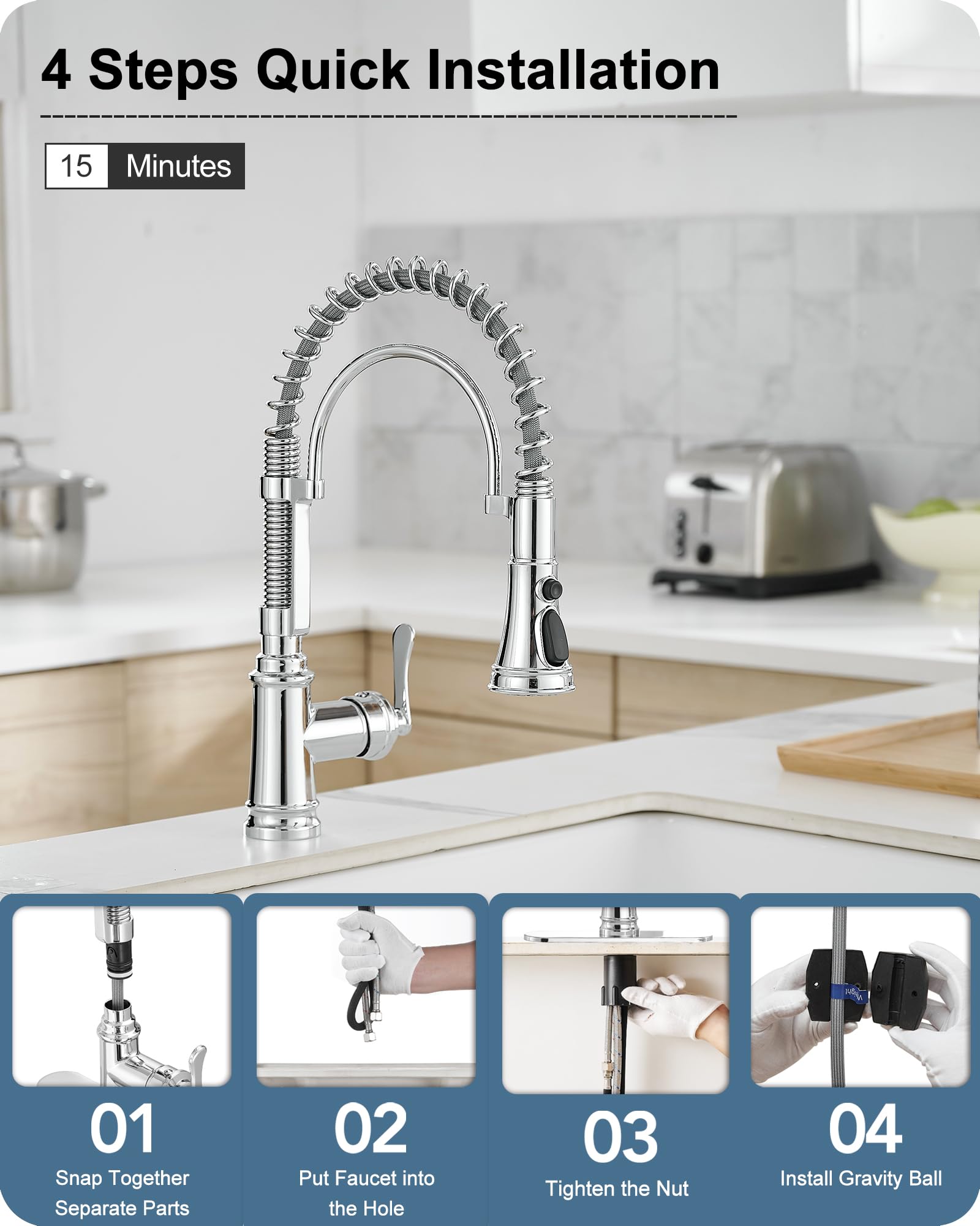 Hoigy Chrome Kitchen Sink Faucet With Sprayer, 3-Function Single Hole Kitchen Faucets 3 Hole, Single Handle Modern Kitchen Faucet, 360 Degree Swivel Spring Faucet For Kitchen Sink With Deck Plate