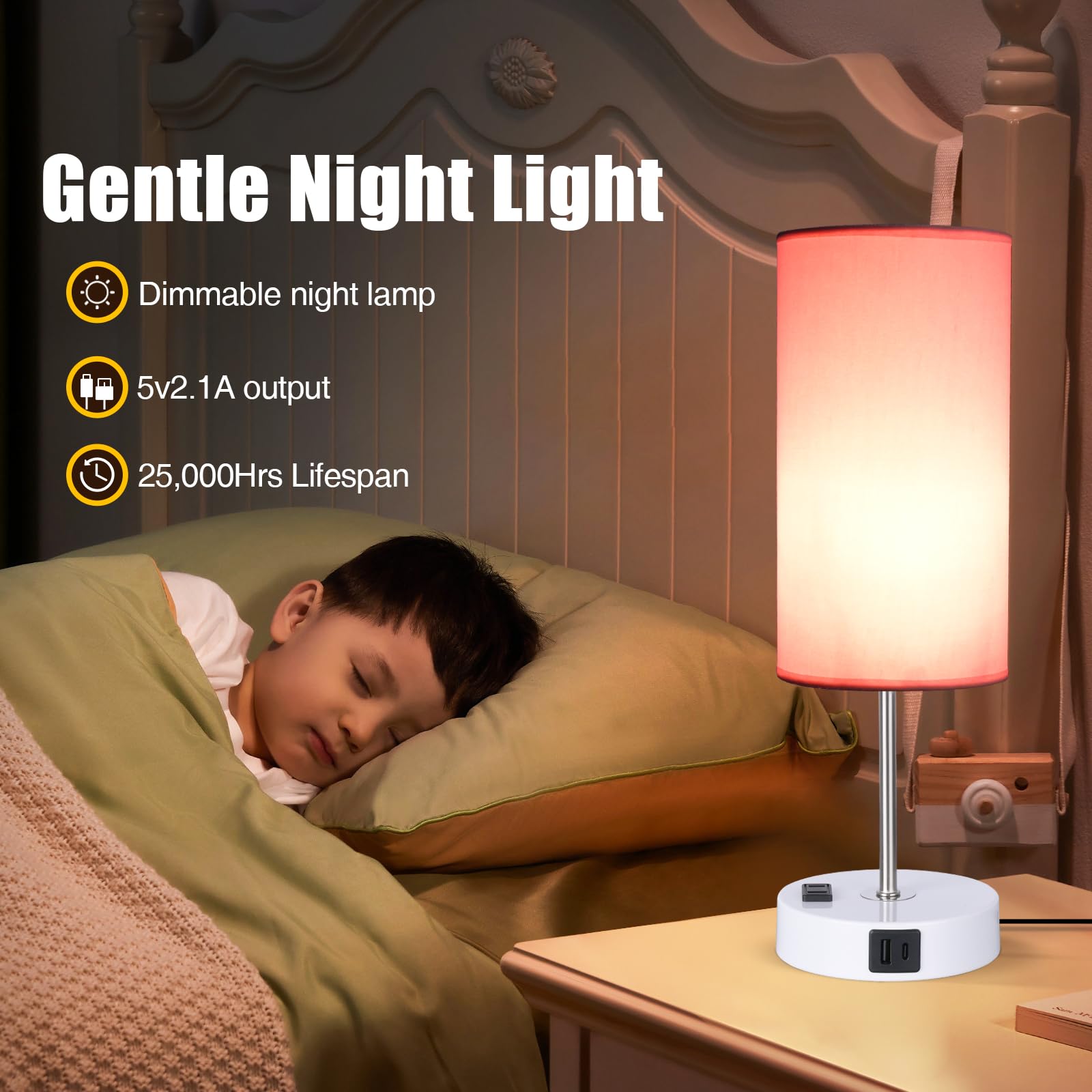 Gugsey Table Lamp With Usb Port - Desk Lamp Touch Lamp Bedside Lamps For Bedroom, 3 Way Dimmable Small Lamps For Living Room, Nightstand, Nursery, Dorm, Home, Office, White Base+ Pink Lampshade