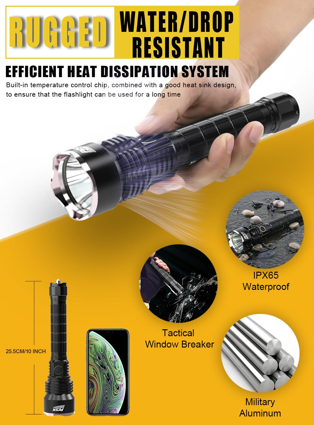 Pfsn Professioner Brightest Rechargeable Flashlights High Lumens - Pfsn 6000Lm Super Bright Tactical Flashlight Ipx65 Waterproof, 400M Long Range, 20Hrs Long Lasting Best Powerful Led Torch Battery Powered Flash Light