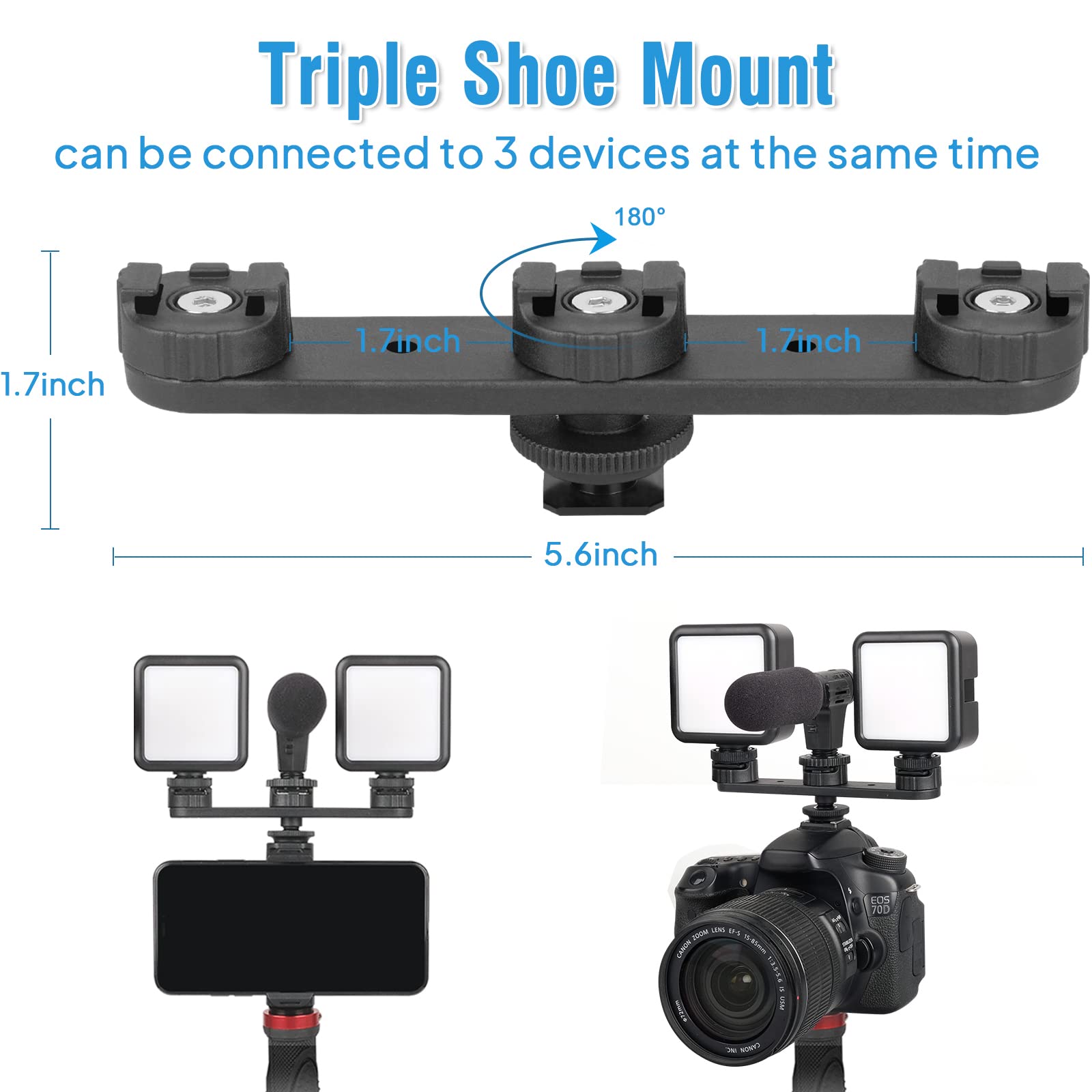 Chromlives Triple Cold Shoe Extension Mount Hot Shoe Base Adapter Extension Bar Bracket With 1/4 Screw For Tripod/Microphone/Led Light Compatible With Canon Sony Cameras…