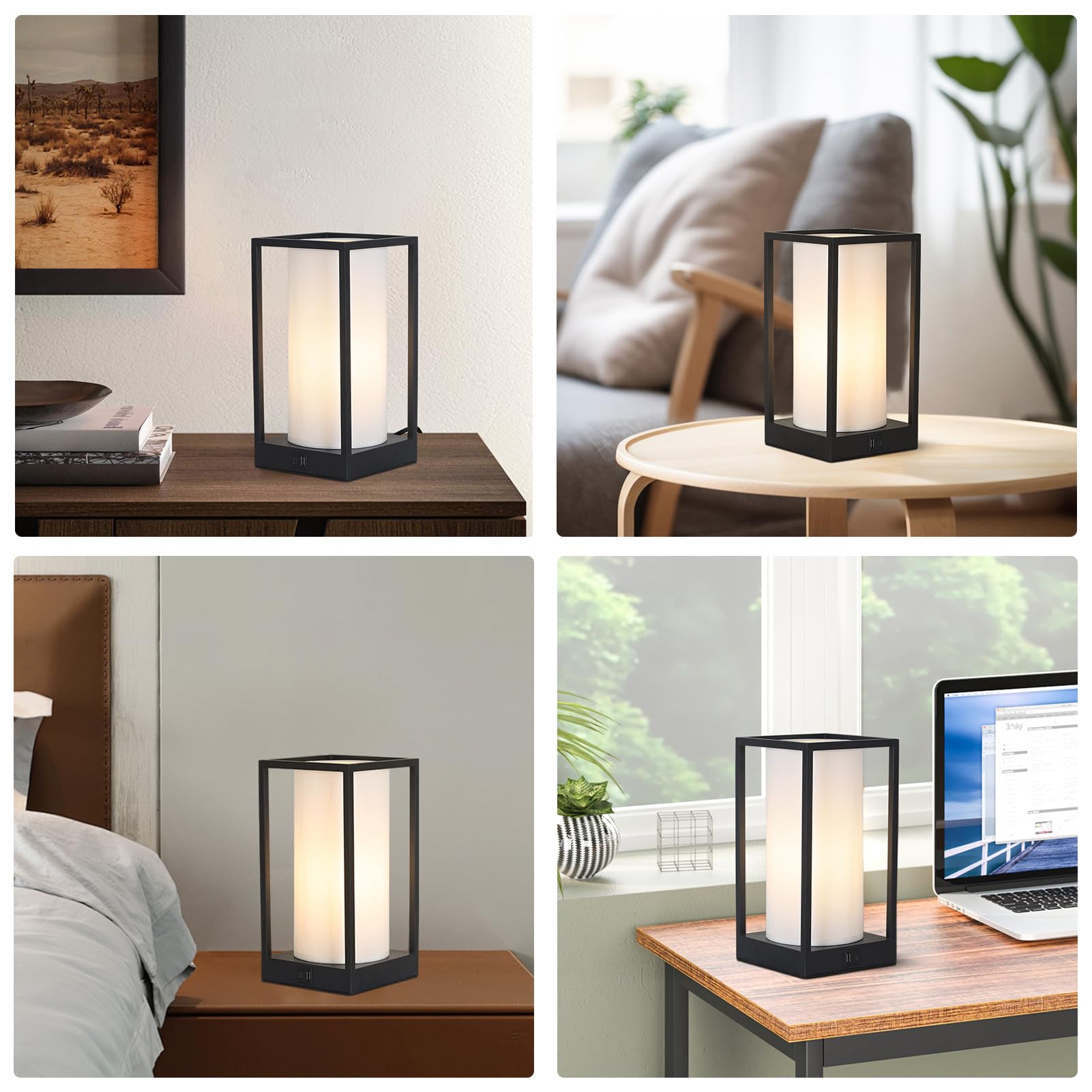 Jobtical Touch Small Table Lamp For Bedroom,Square Boho Desk Lamp For Nightstand With Fabric Linen Shade,3-Way Dimmable Reading Bedside Table Lamp With Usb Charging Port For Living Room,Office