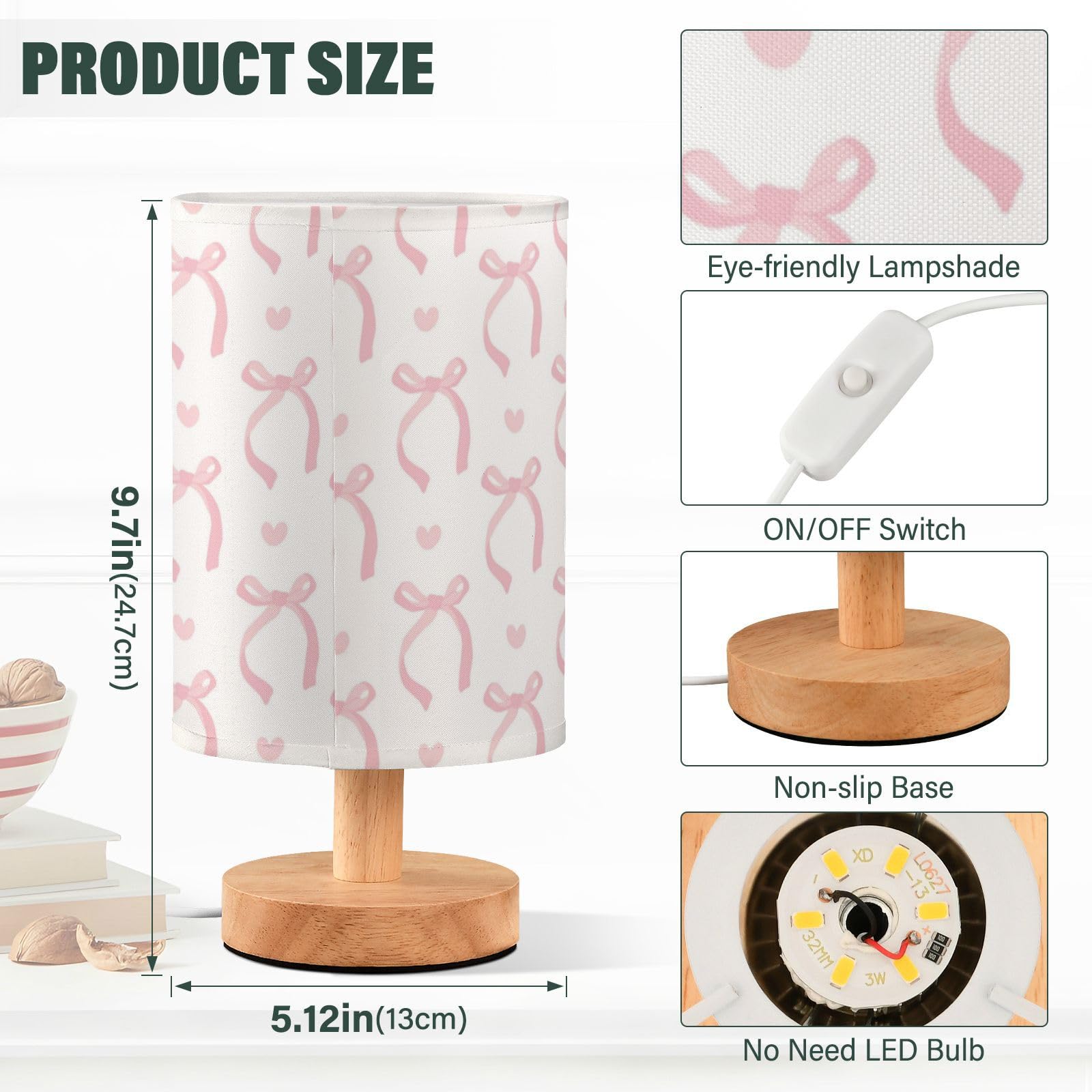 Wusikd Cute Pink Table Lamp Ribbon Bow Led Desk Light Usb Nightstand Lamp With Non Slip Wood Base & Eye-Friendily Lampshade For Living Room Bedroom Dorm Home Office Desk Decor