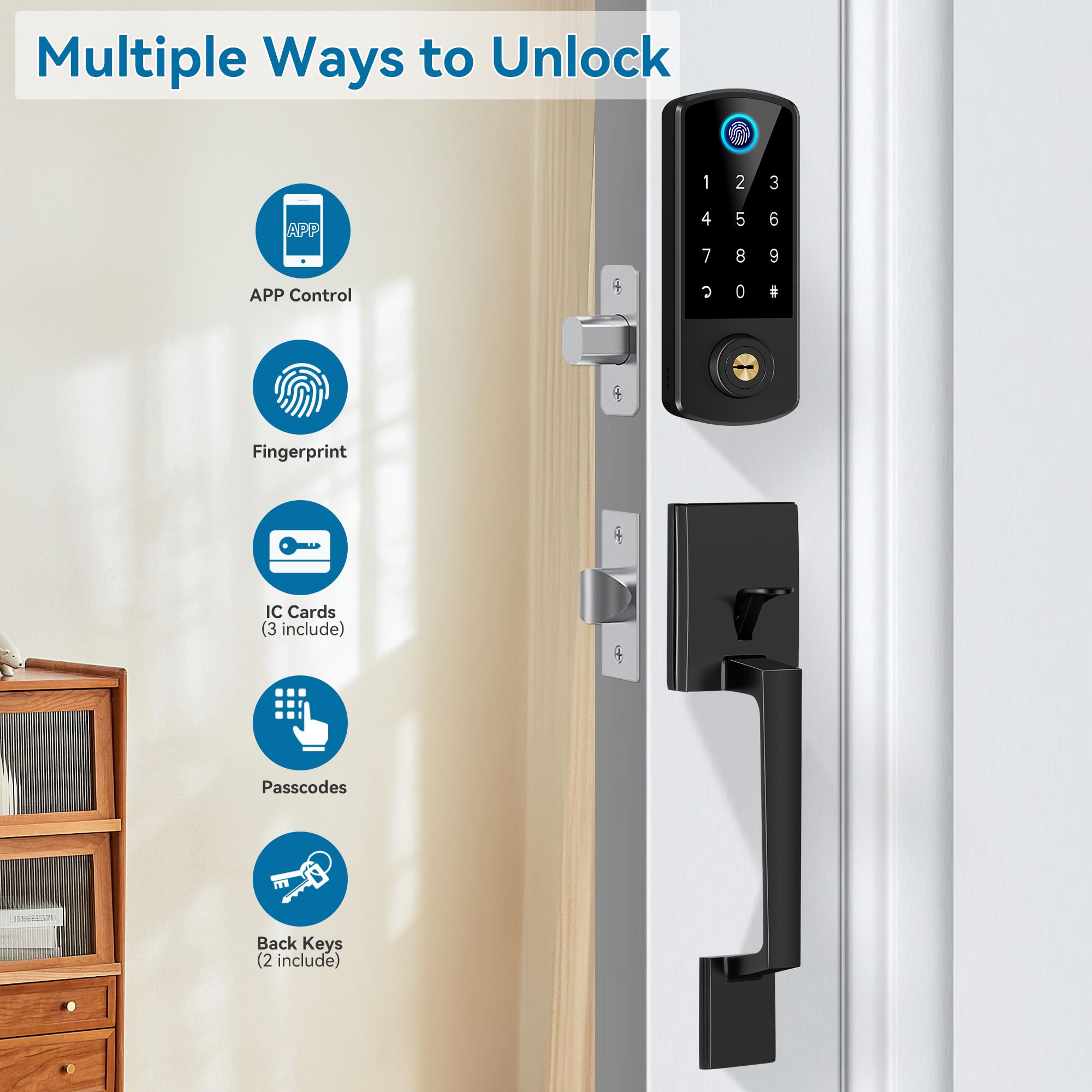 Bebasia Keyless Entry Door Deadbolt With Handle Set, Fingerprint App Smart Door Lock, Digital Keypad Bluetooth Deadbolt Lockset With Auto Lock Code Fob Black