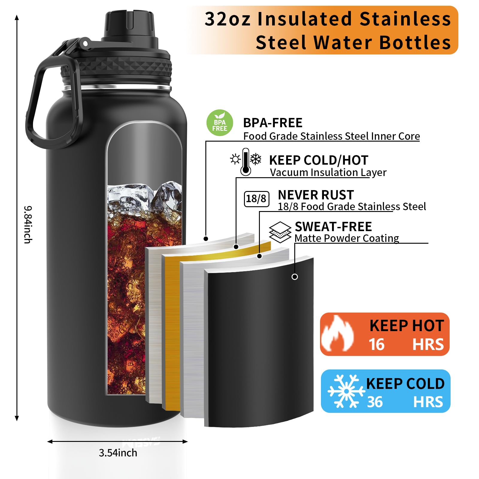 Insulated Stainless Steel Water Bottles 32Oz With Spout Lids Metal Vacuum Thermal Large Water Jug