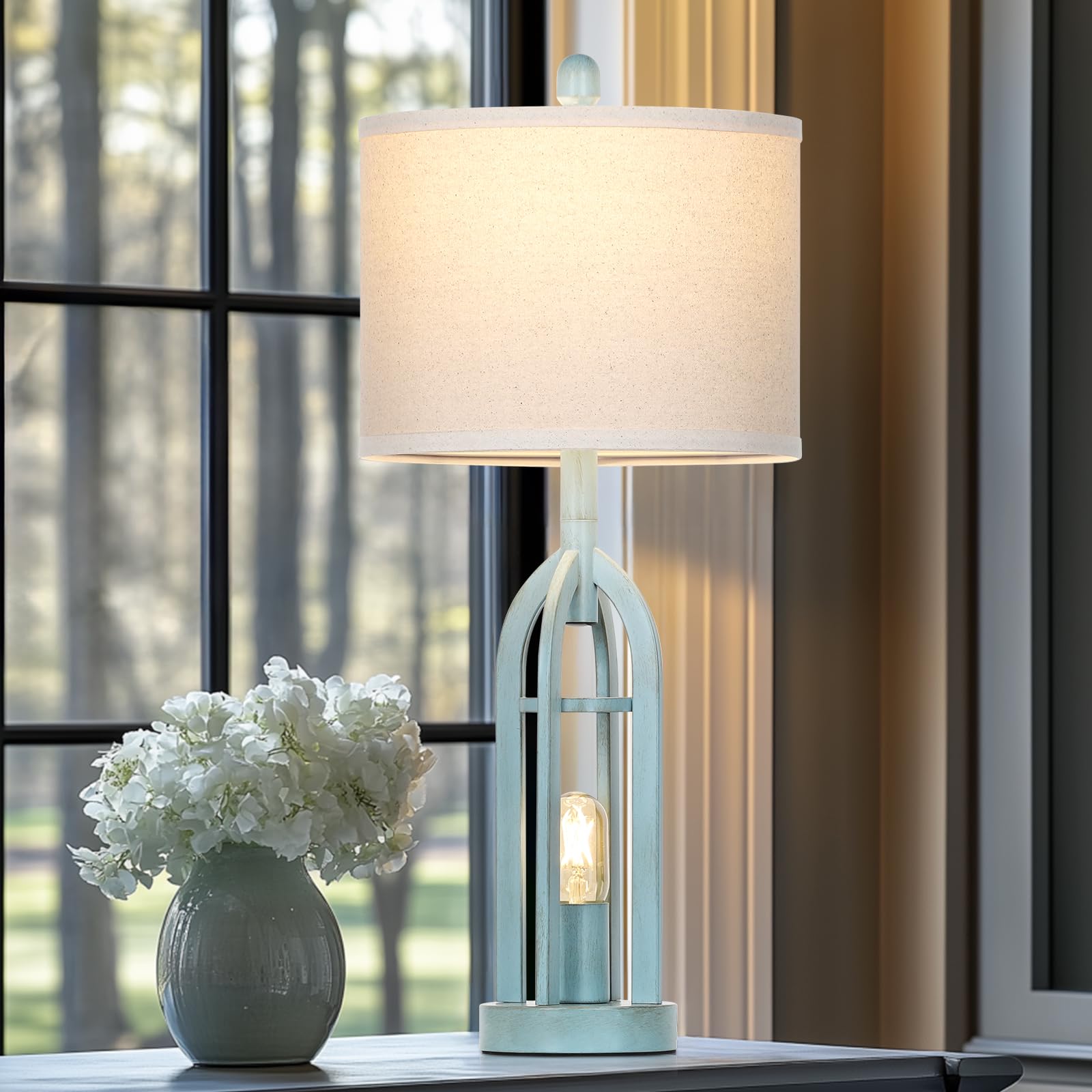 Cinyirong 27" Industrial Farmhouse Table Lamp,Vintage Rustic Blue Beside Lamp With Usb A+C Charging Ports & Ac Outlet, Metal Nightstand Lamp With Led Night Light For Bedrooms (2 Led Bulbs Included)
