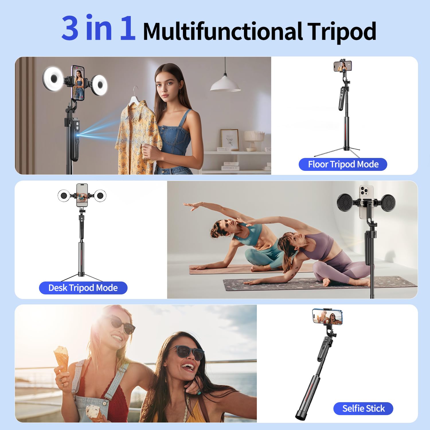 Stjiatu 72.8'' Auto Face Tracking Tripod 360 Rotation With Stand, 6 In 1 Selfie Stick Tripod With Fill Light, Tripod That Follows Your Movement, Content Creator Essentials, No App, For Video Recording, Tiktok