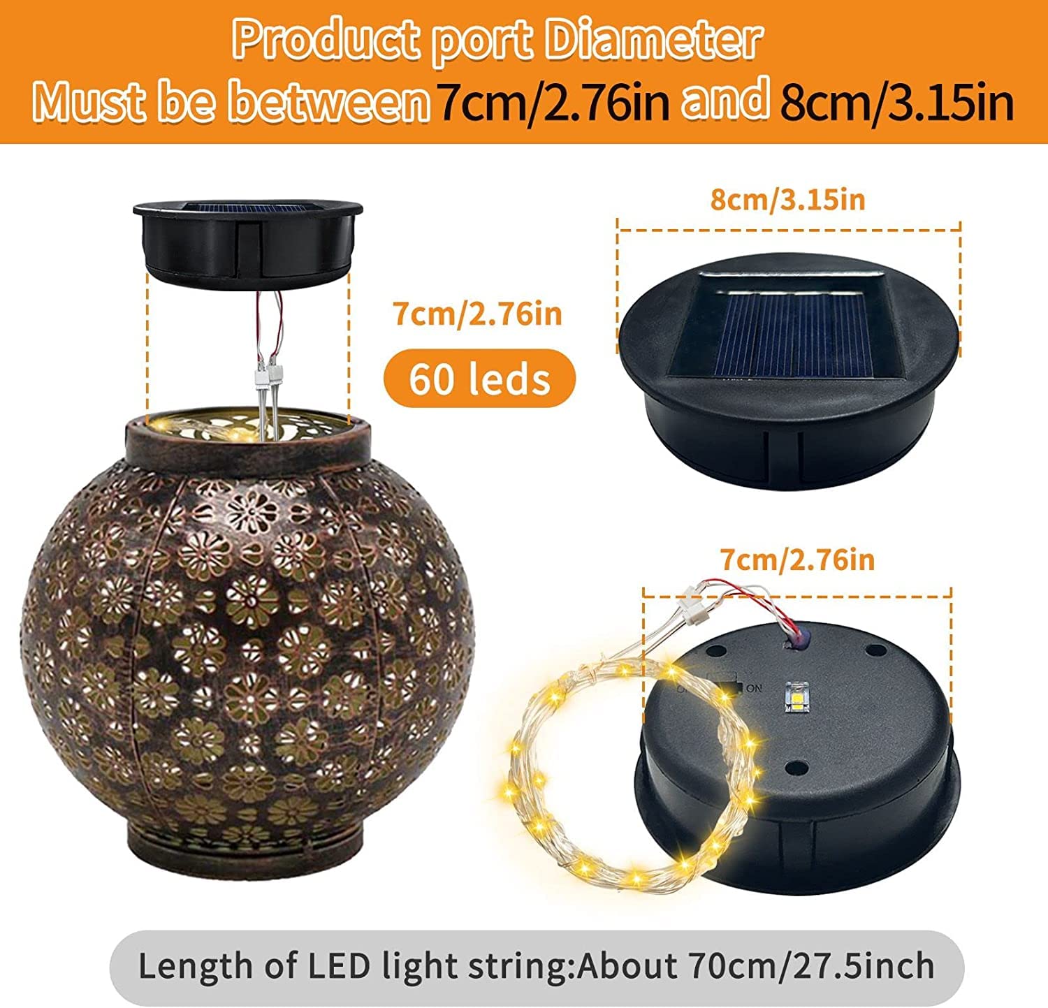 Aqeenura Solar Lights Replacement Top Parts For Outdoor Solar Watering Can Hanging Lanterns With 90 Led String Lithgs Detachable Connector (Warm White ) (1Pcs 7Cm/2.76Inch)