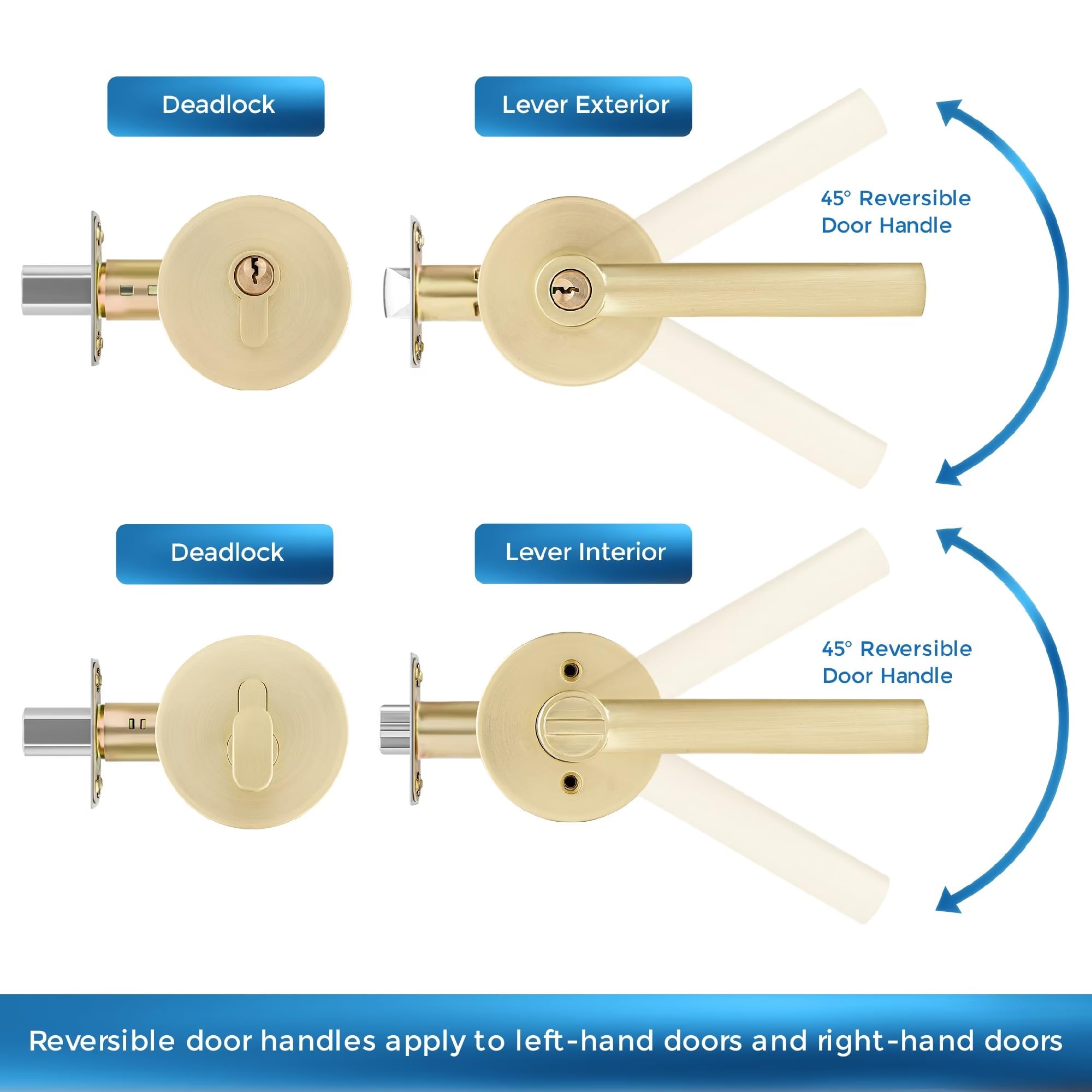 Leydebong 4 Pack Door Handleset With Single Cylinder Deadbolt, Gold Deadbolt, Reversible For Right And Left Side Single Keyed Alike Lock Set