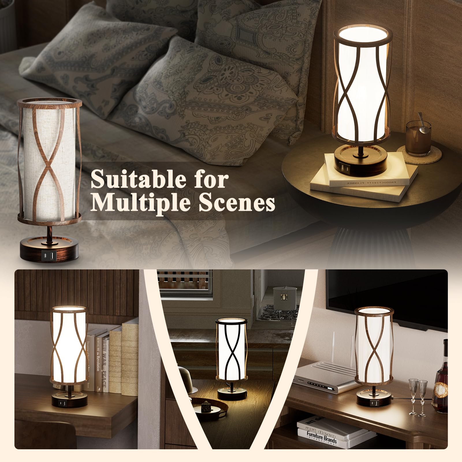 Hymela N10-2 Farmhouse Table Lamp Dimmable Touch Control Plug In Lamps Linen Rustic Desk Lamp Iimitation Wood Metal Base Vintage Nightstand Table Lamp With Usb Port For Bedroom Bedside (Bulb Included)