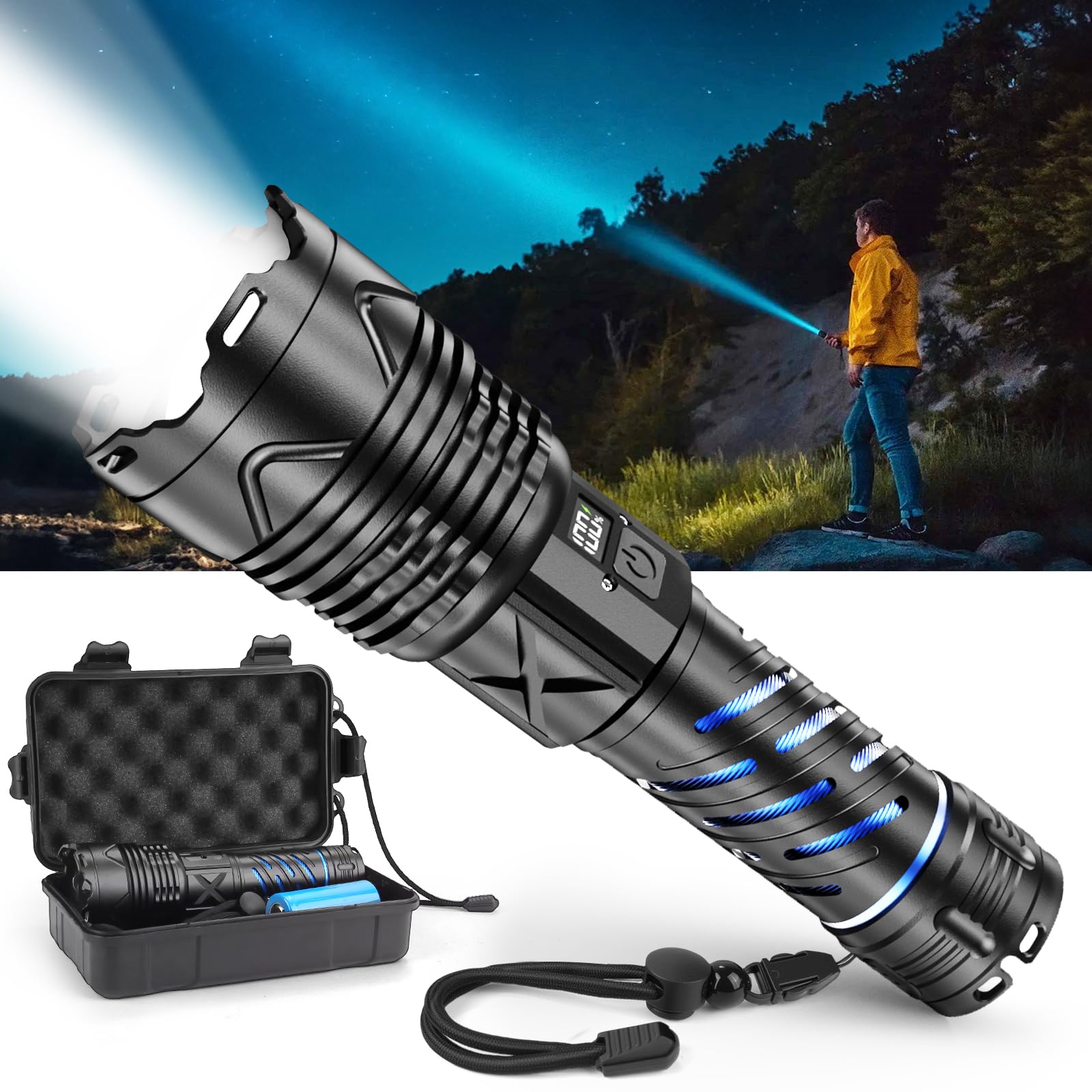 Jmngshu 999000 High Lumens Rechargeable Flashlight With Type-C Fast Charging & 16-Hour Runtime, 5 Modes, Telescopic Zoom, Waterproof, Compact Handheld Flashlight For Camping, Hiking, Hurricane Prep