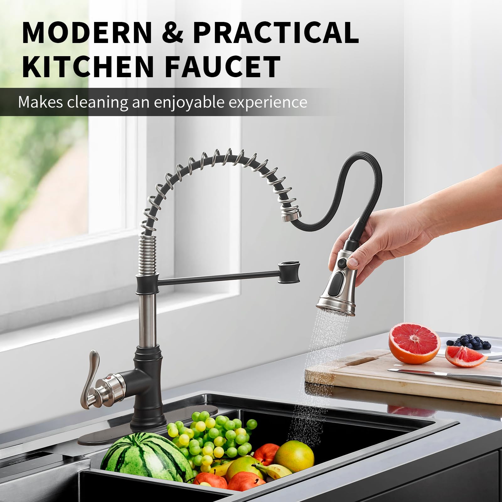 Bwe Kitchen Sink Faucet Pull Down Sprayer Spring 3 Function Kitchen Faucet High Arc Farmhouse Commercial Bar Kitchen Faucets Brushed Nickel With Oil Rubbed Bronze