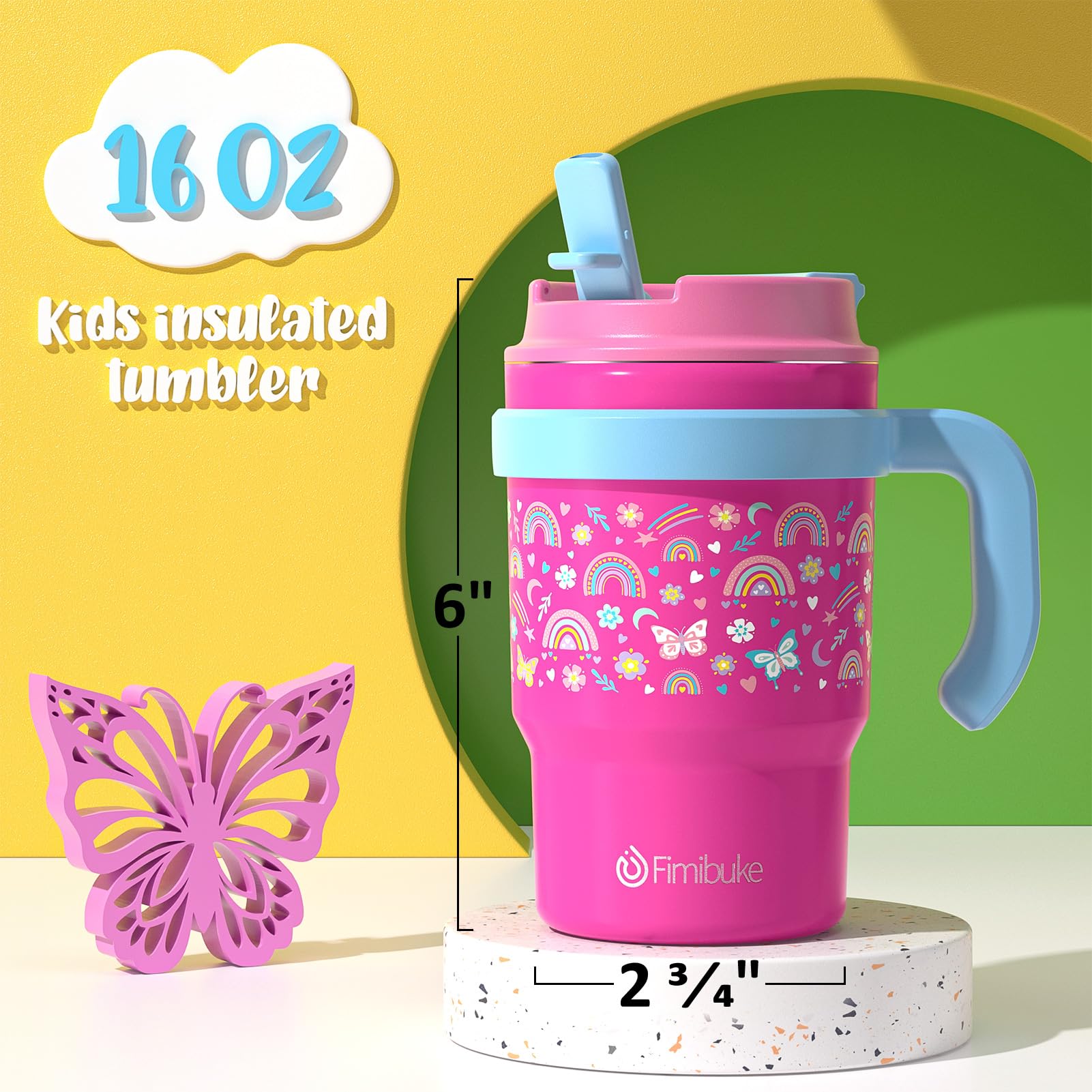 Fimibuke 16Oz Kids Insulated Tumbler With Handle & Straws - 2 Pack 18/8 Stainless Steel