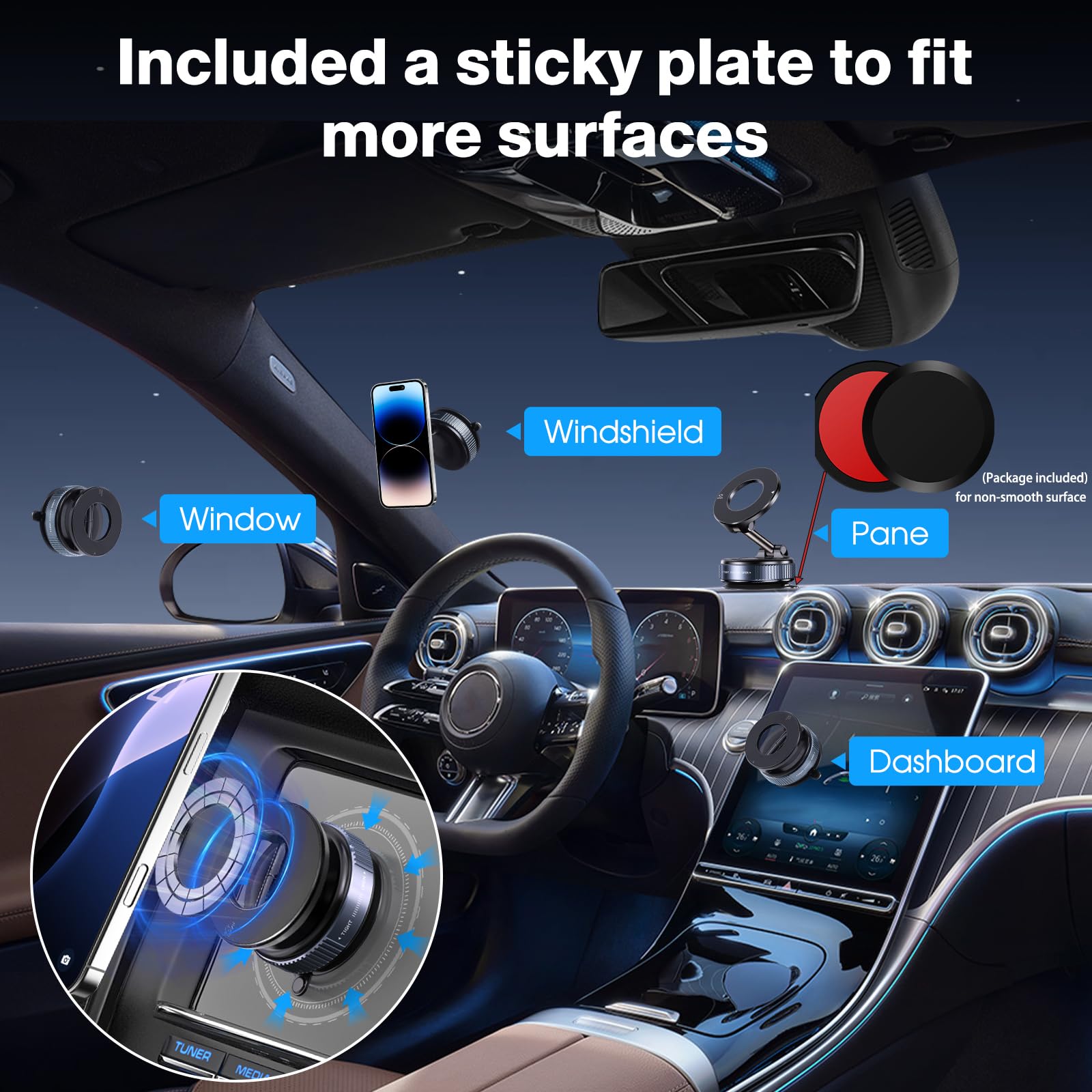 Jikasho Vacuum Magnetic Suction Phone Holder, Foldable And Retractable Hands- Suction Cup Phone Mount For Car/Gym/Mirror/Smooth Surface, Compatible With Iphone Android And All Smartphones (Black)