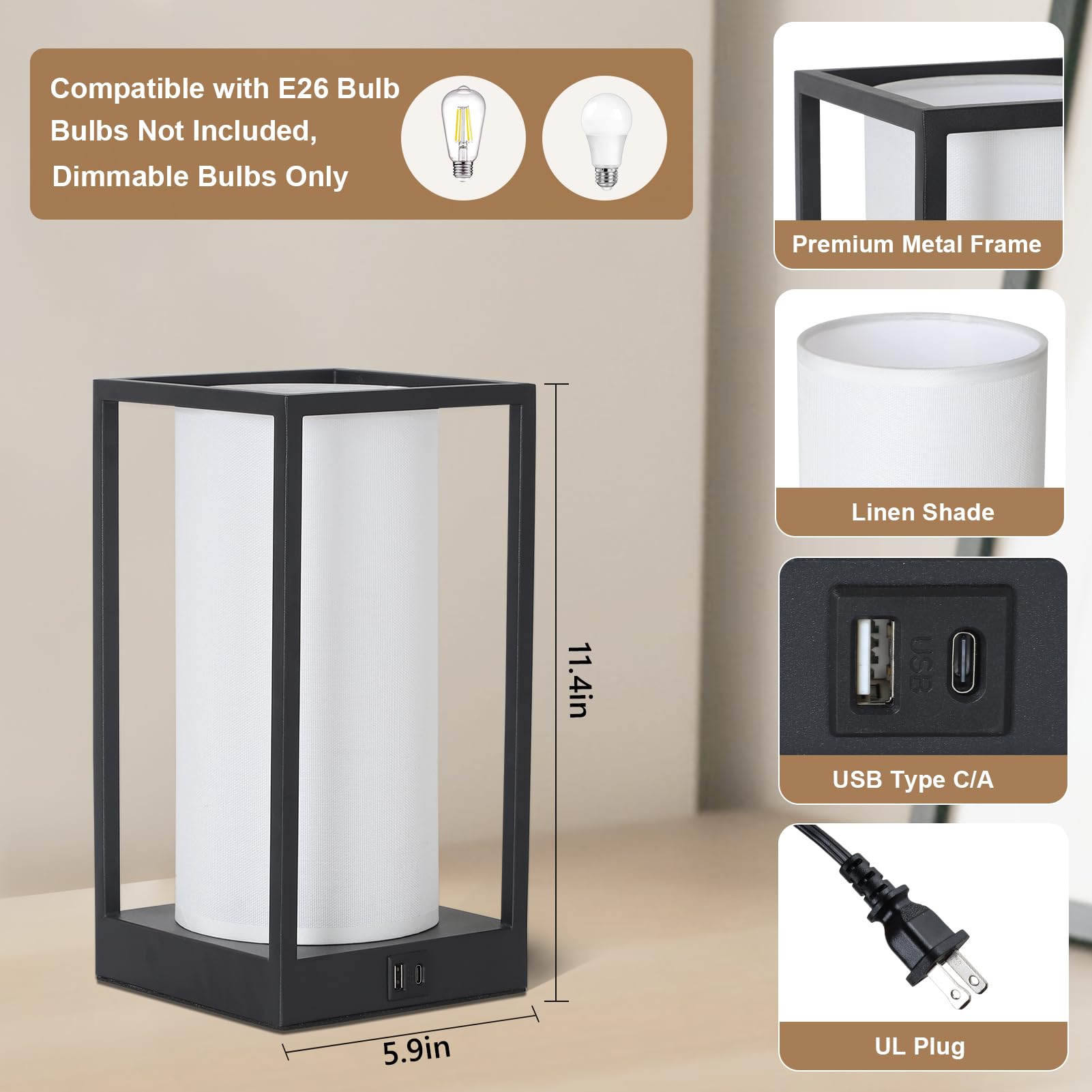 Jobtical Touch Small Table Lamp For Bedroom,Square Boho Desk Lamp For Nightstand With Fabric Linen Shade,3-Way Dimmable Reading Bedside Table Lamp With Usb Charging Port For Living Room,Office