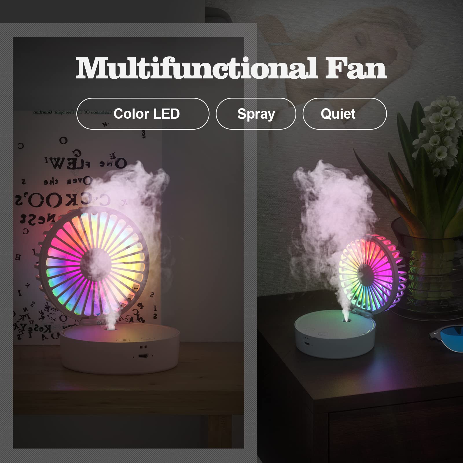Mini Portable 3-In-1 Misting Fan With Colorful Led, Foldable, Quiet, Personal Fan For Women Men