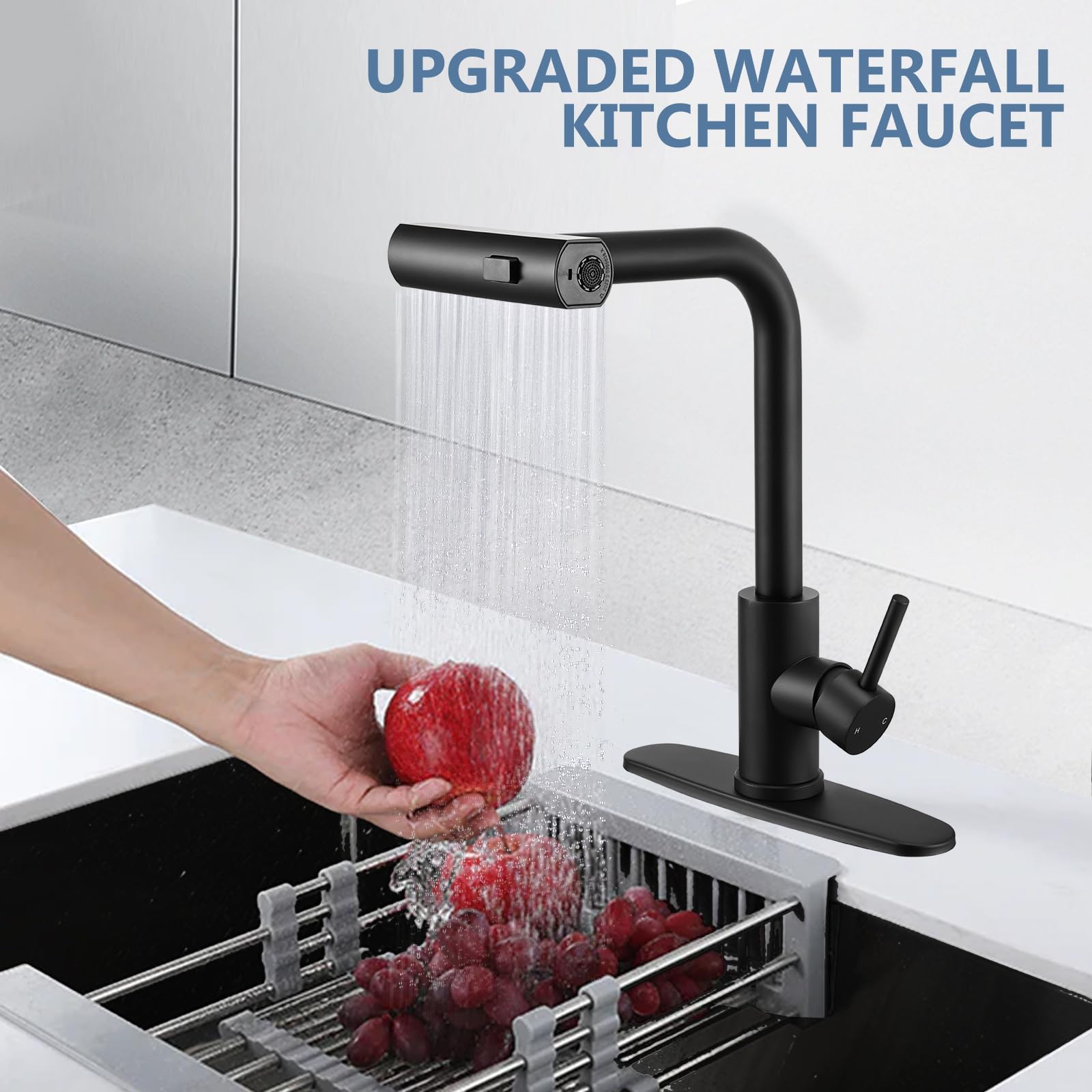 Peppermint Black Kitchen Faucet With Pull Down Sprayer Waterfall Kitchen Sink Faucet Stainless Steel Rv Matte Black Kitchen Faucets Single Handle Faucets For Kitchen Sink 1 Or 3 Hole 360° Rotatable