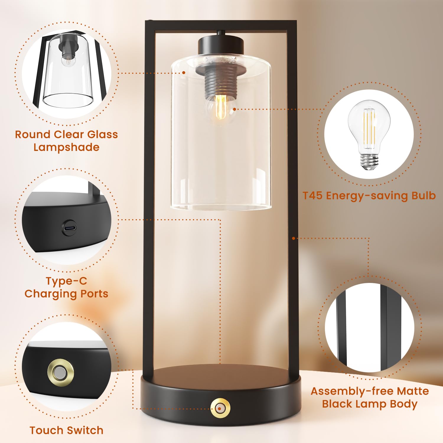 Lgmcf Set Of 2 Industrial Table Lamps With Led Bulbs – Rechargeable Touch Control Bedside Lamps, Fully Stepless Dimmable Nightstand Lamps, Battery-Powered Desk Lamps For Bedroom & Living Room