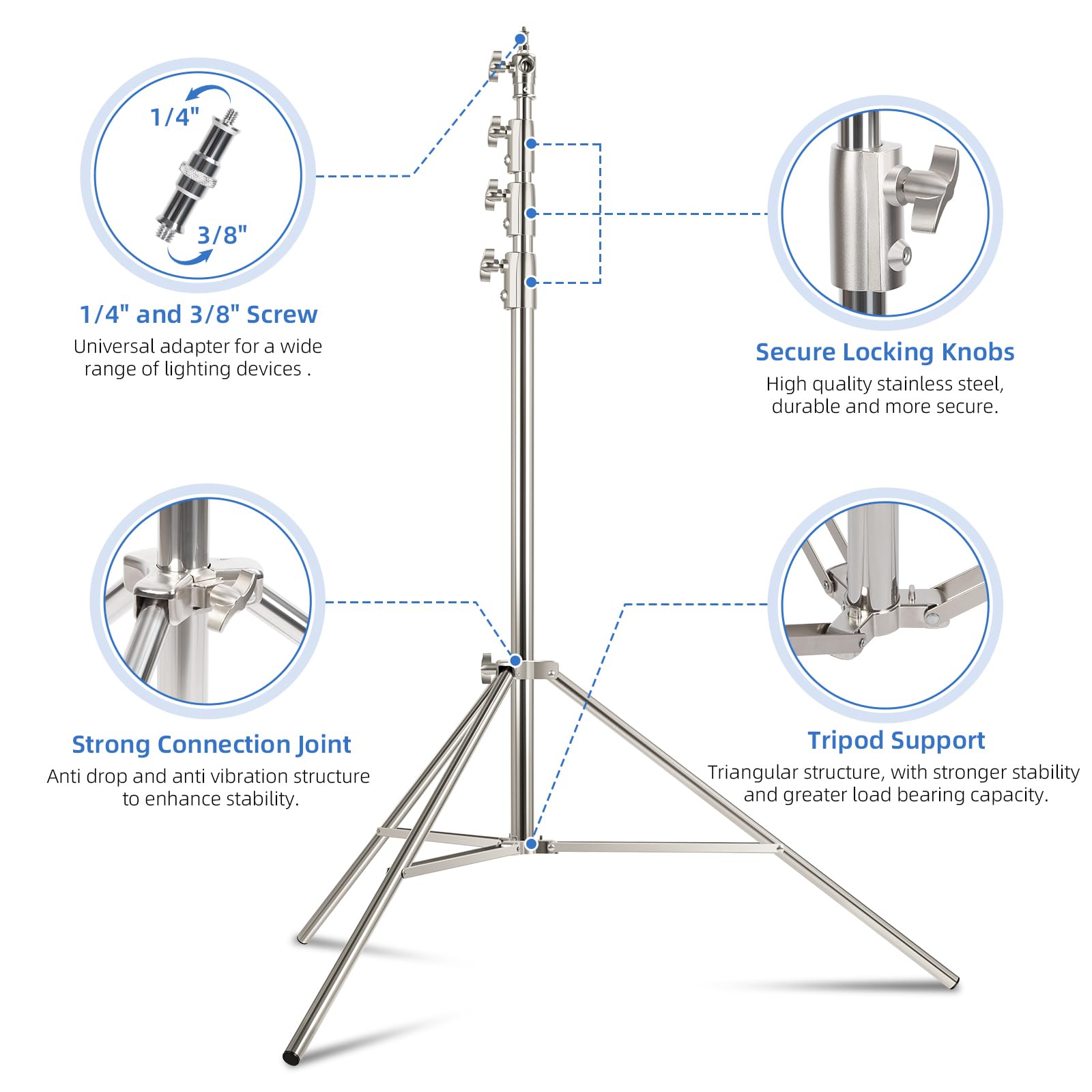 Valband 【13' Heavy Duty 】 Ultra High Camera Sports Tripod Air Cushion Telescopic Stainless Steel Light Stand 1/4 "& 3/8" Screw Adapter, Professional Sky Stainless Steel High Tripod 2 Pack