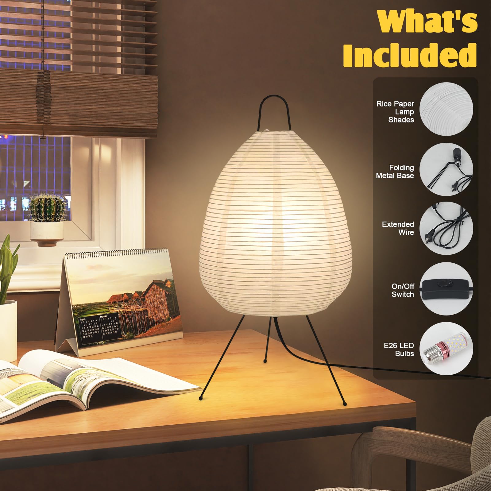 Kuabiz Paper Table Lamp Dimmable Japanese Lantern Lamps With Rice Paper Shade Decoration Standing Light For Bedroom Livingroom Dresser College Dorm Coffee (Classic)