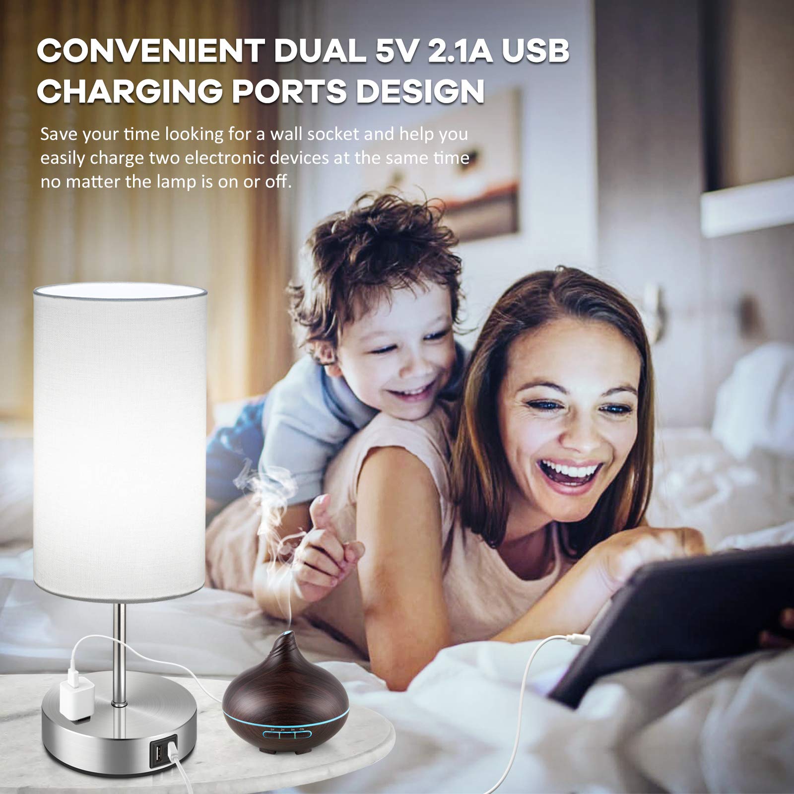 Brightever Set Of 2 Touch Control Table Lamps With 2 Usb Charging Ports&Ac Outlet, 3-Way Dimmable Bedside Nightstand Lamps With White Fabric Lampshade For Reading, Bedroom, Living Room, A19 Led Bulbs Included