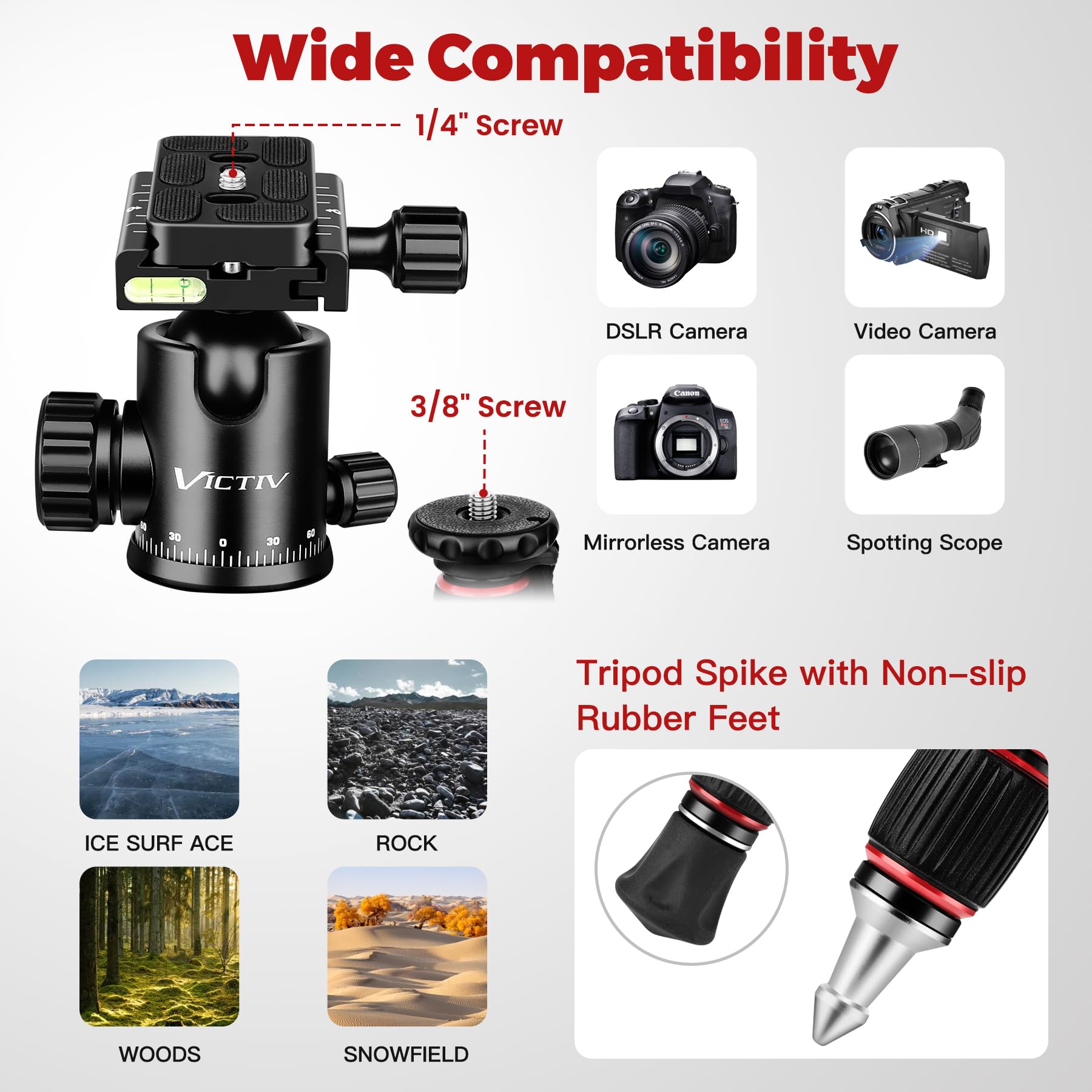 Victiv 80" Tripod, Aluminum Heavy Duty Camera Tripod Stand With 360° Ball Head, Camera Tripods & Monopods With Carry Bag, Professional Dslr Tripod For Canon Nikon Binoculars Spotting Scope Telescope