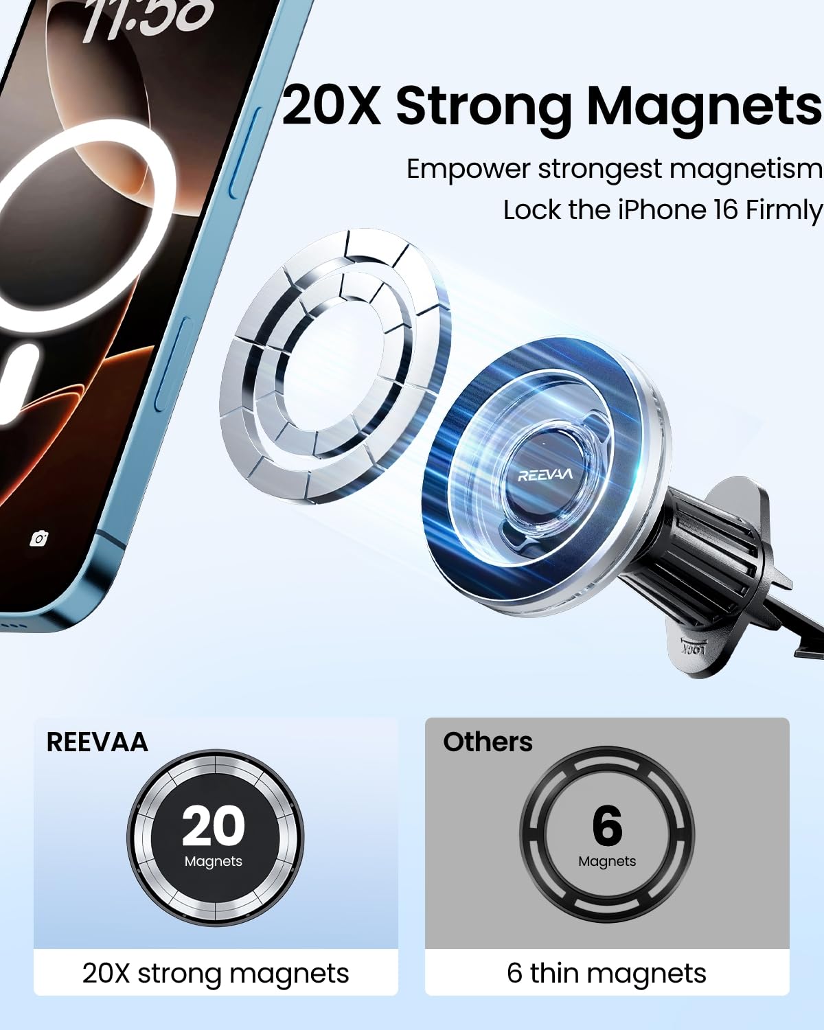 Reevaa For Magsafe Car Mount [Strongest Magnet Power] Magnetic Phone Holder For Car Vent, 360° Adjustable Magnetic Car Mount Accessories Fit For Iphone 16 Pro Max 15 14 13 12 Plus Mini