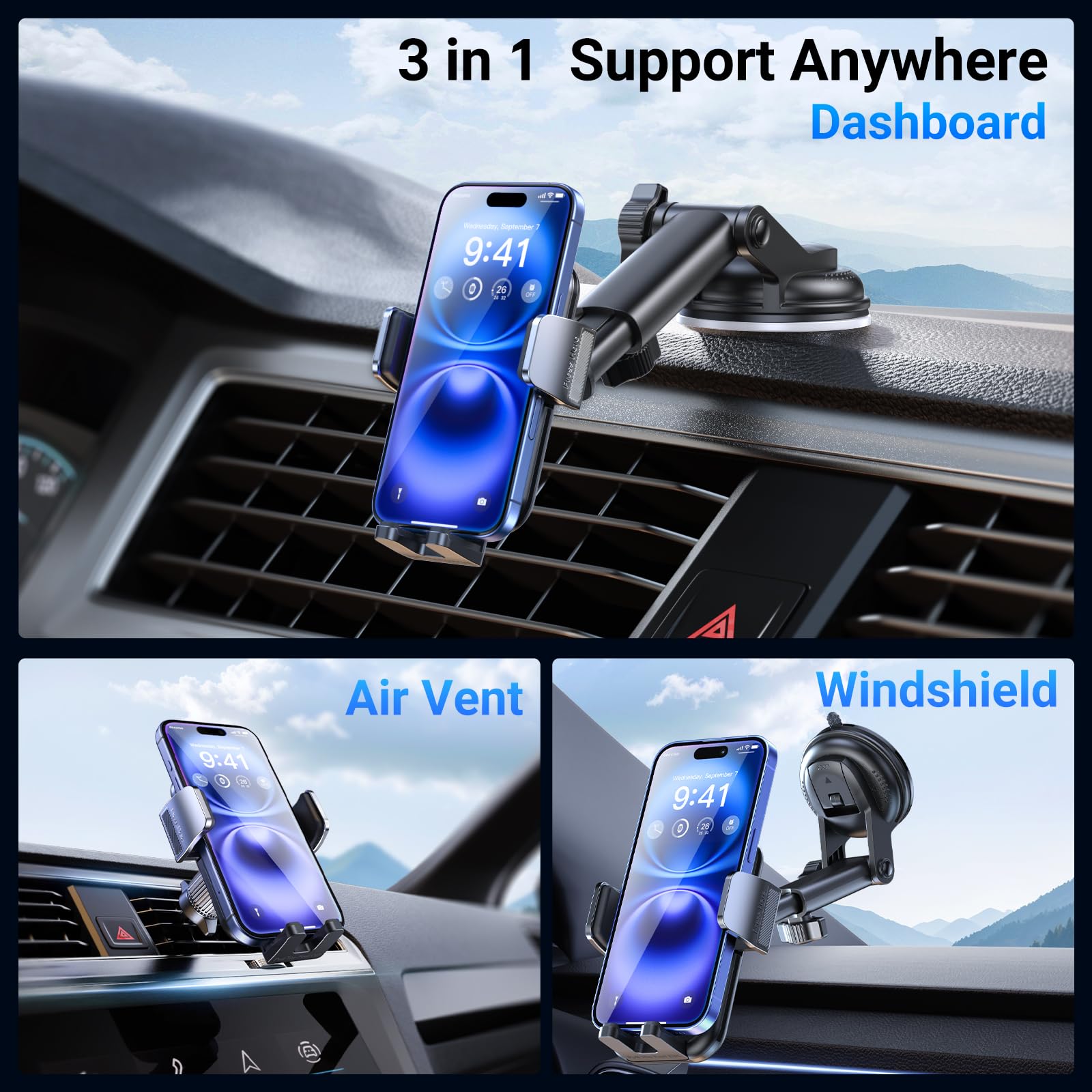 Acmezing 3-In-1 Car Phone Holder [122+Lbs Strongest Suction & Stable Clamp Arm] 360° Adjustable Car Phone Mount, Cell Phone Holders For Your Car For Dashboard Vent, All Smartphones & Car Models (Black)