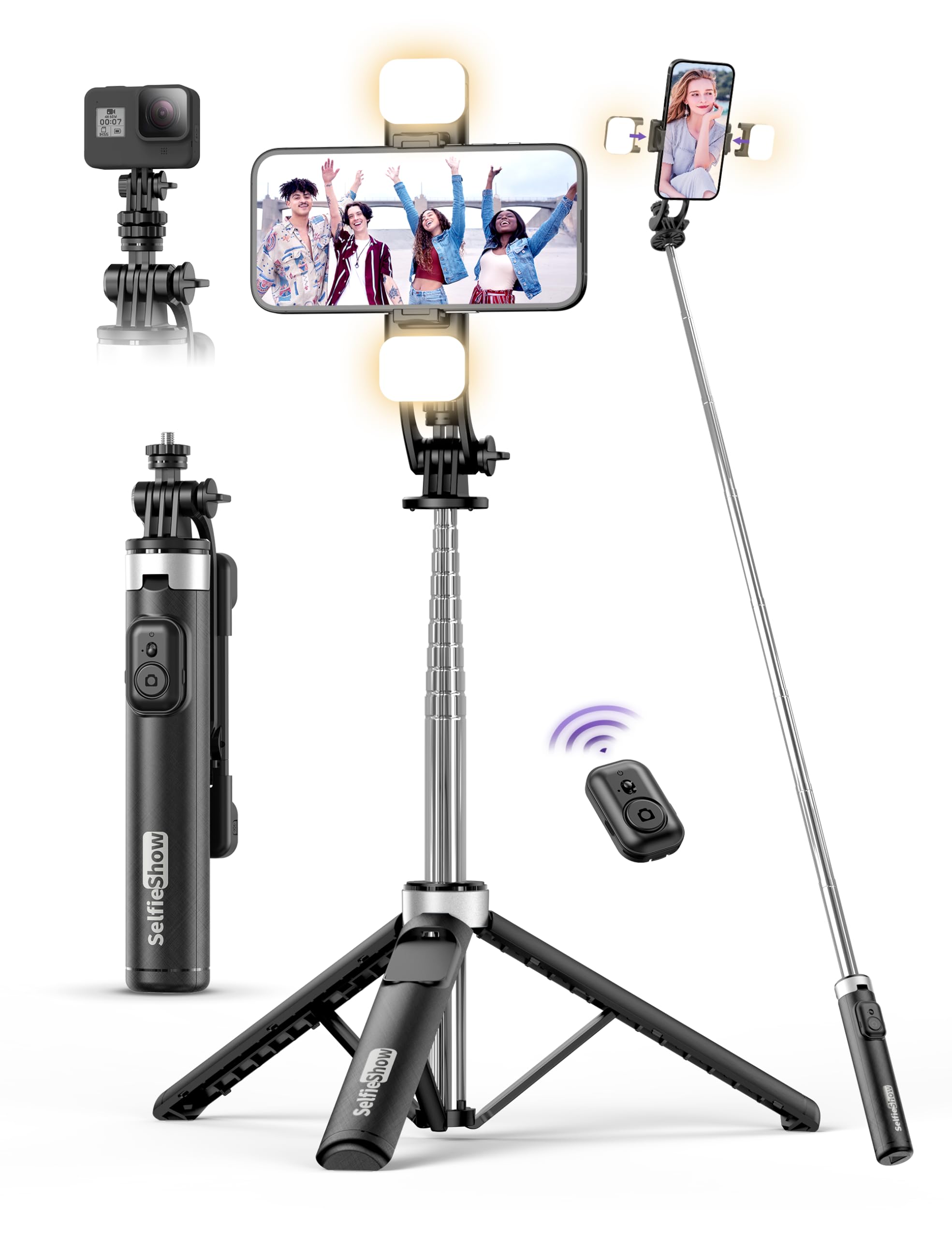 Selfieshow 53'' Selfie Stick Tripod With Light, Extendable Selfie Stick With Remote, Portable Cell Phone Tripod Stand With All In 1 Phone Clip, Lightweight Camera Tripod Compatible With Iphone 15 14 13, Android